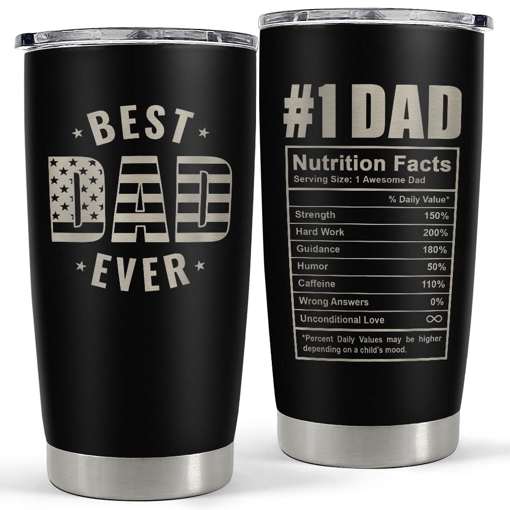 SANDJEST Best Dad Ever Tumbler with Lid - Dad Nutrition Facts 20oz Insulated Stainless Steel Mug - Coffee Mug for Travel Outdoor
