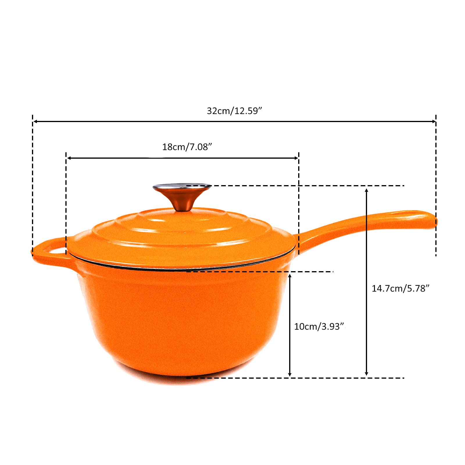 Hawok Enameled Cast Iron Saucepan, 2Qt Saucepan With Lid And Long Handle, Orange