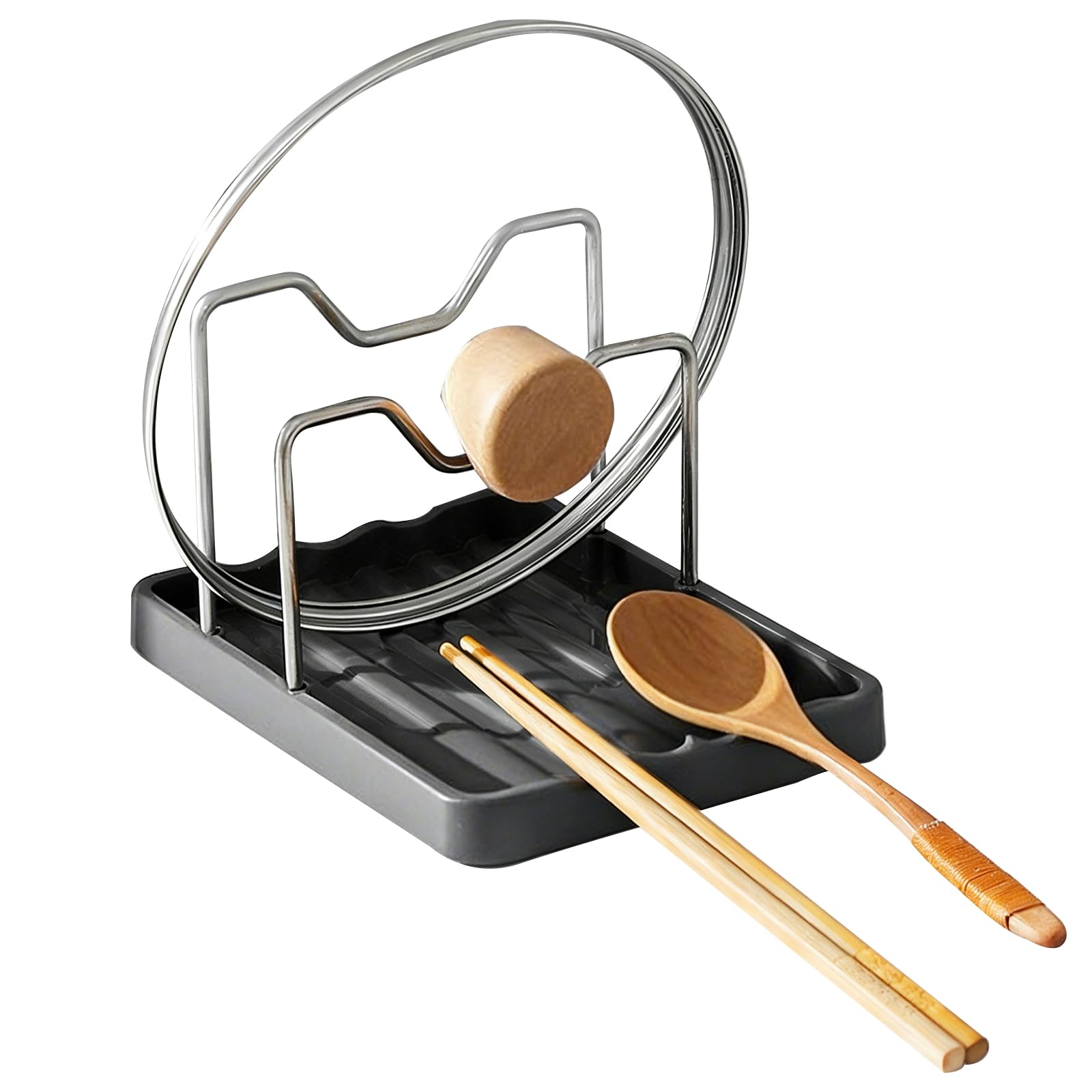 Pot Lid Holder and Spoon Rest, 2in1 Kitchen Counter Organizer with Stainless Steel Lid Holder While Cooking and Plastic Utensi