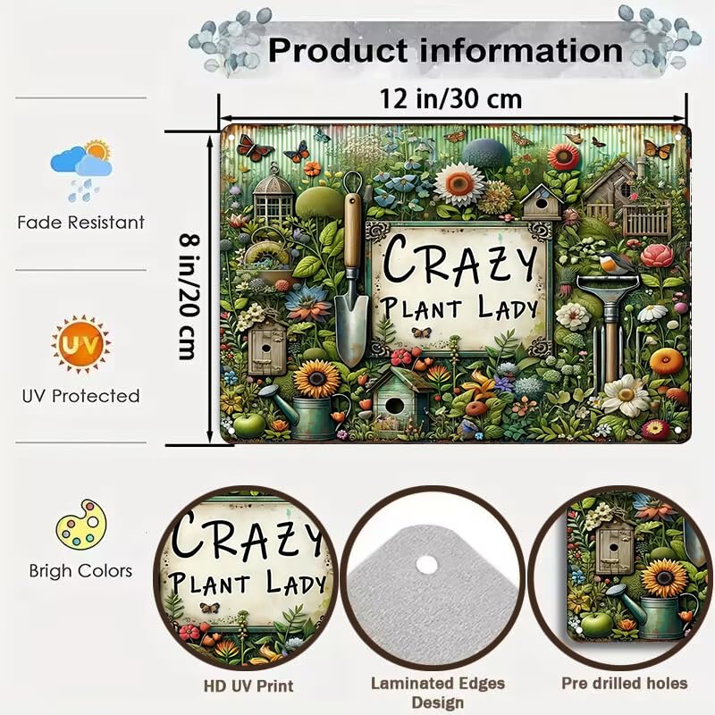 Bestylez Garden Gifts Vintage Gardening Signs Crazy Plant Lady Tin Sign for Home Garden Greenhouse Living Room Bedroom Yard Outd