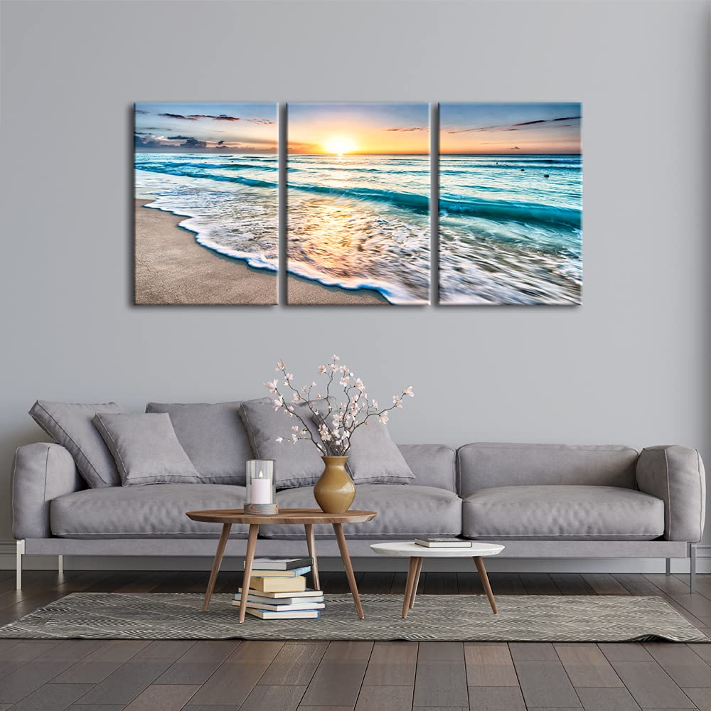 Wieco Art 3 Panels Blue Beach Sunrise White Wave Pictures On Canvas Wall Art Modern Stretched And Framed Seascape Canvas Prints
