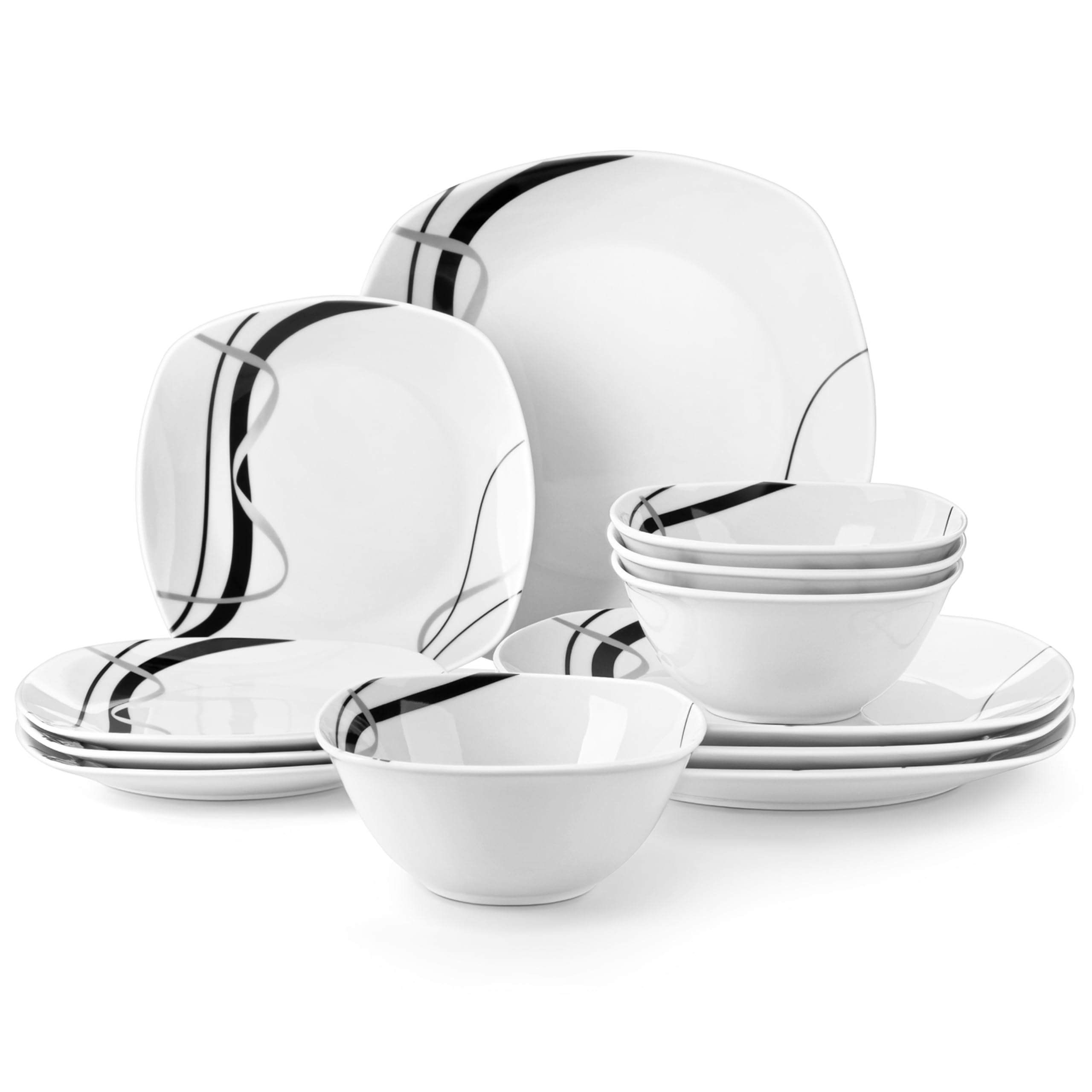 VEWEET Plates and Bowls Sets, Porcelain Dinnerware Sets for 4, 12 PCS Dish Set Including Dinner Plates, Dessert Plates and Cerea