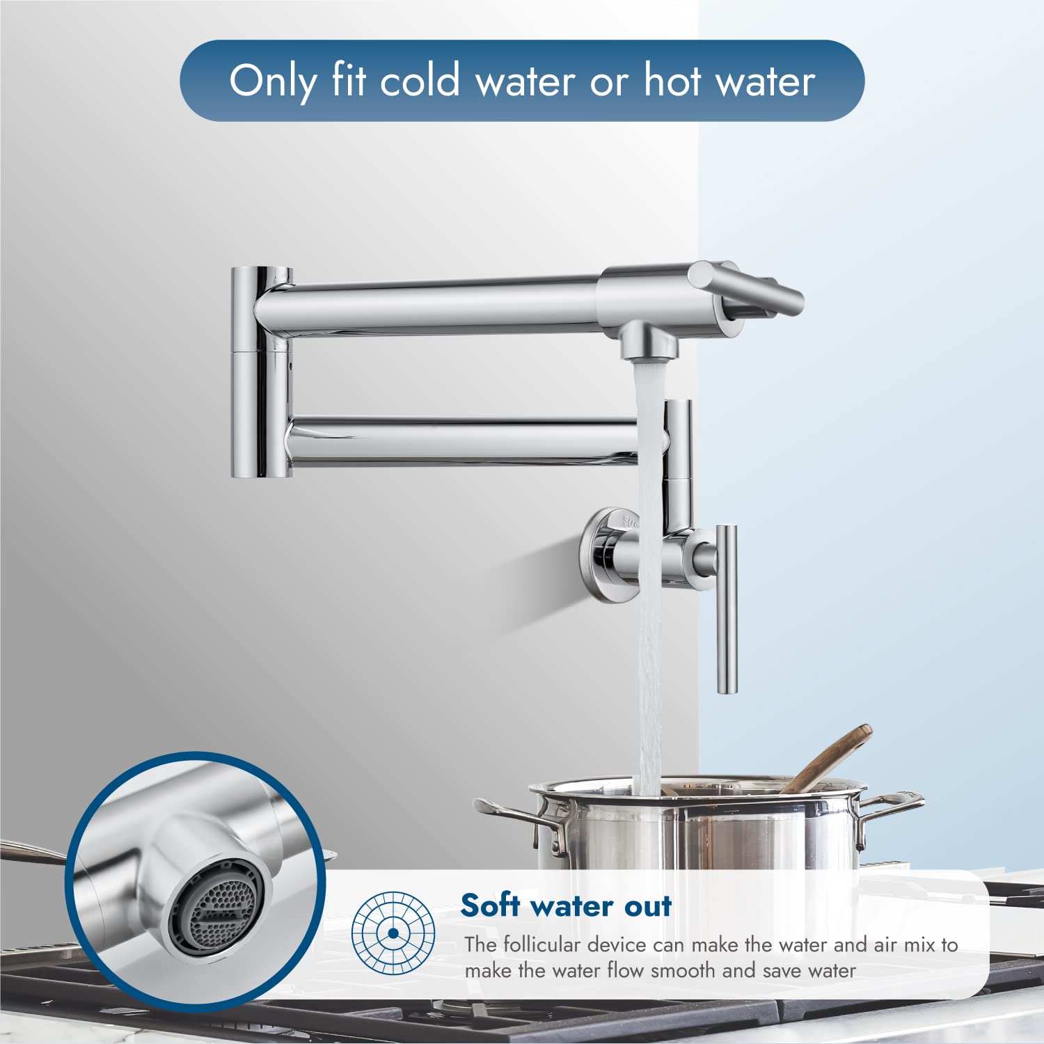 Cinwiny Pot Filler Wall Mounted Polish Chrome Kitchen Sink Faucet Stainless Steel Single Hole Double Handle Stretchable Commerci