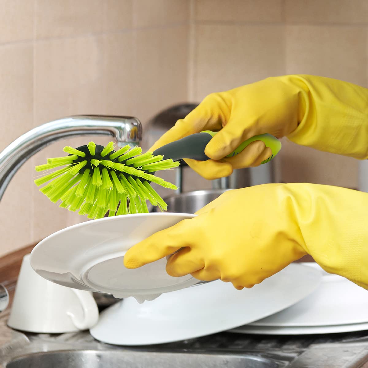 Pine-Sol Long Handle Dish Brush - Heavy Duty Bristle Kitchen Scrubber, Safe With Non-Stick Cookware, Oblong, Green