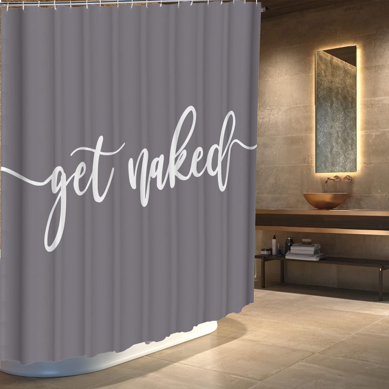Eleroye Shower Curtain Funny Cute Get Naked Fashionable Grey Background White Words Machine Washable Fabric Bathroom Decor Set W