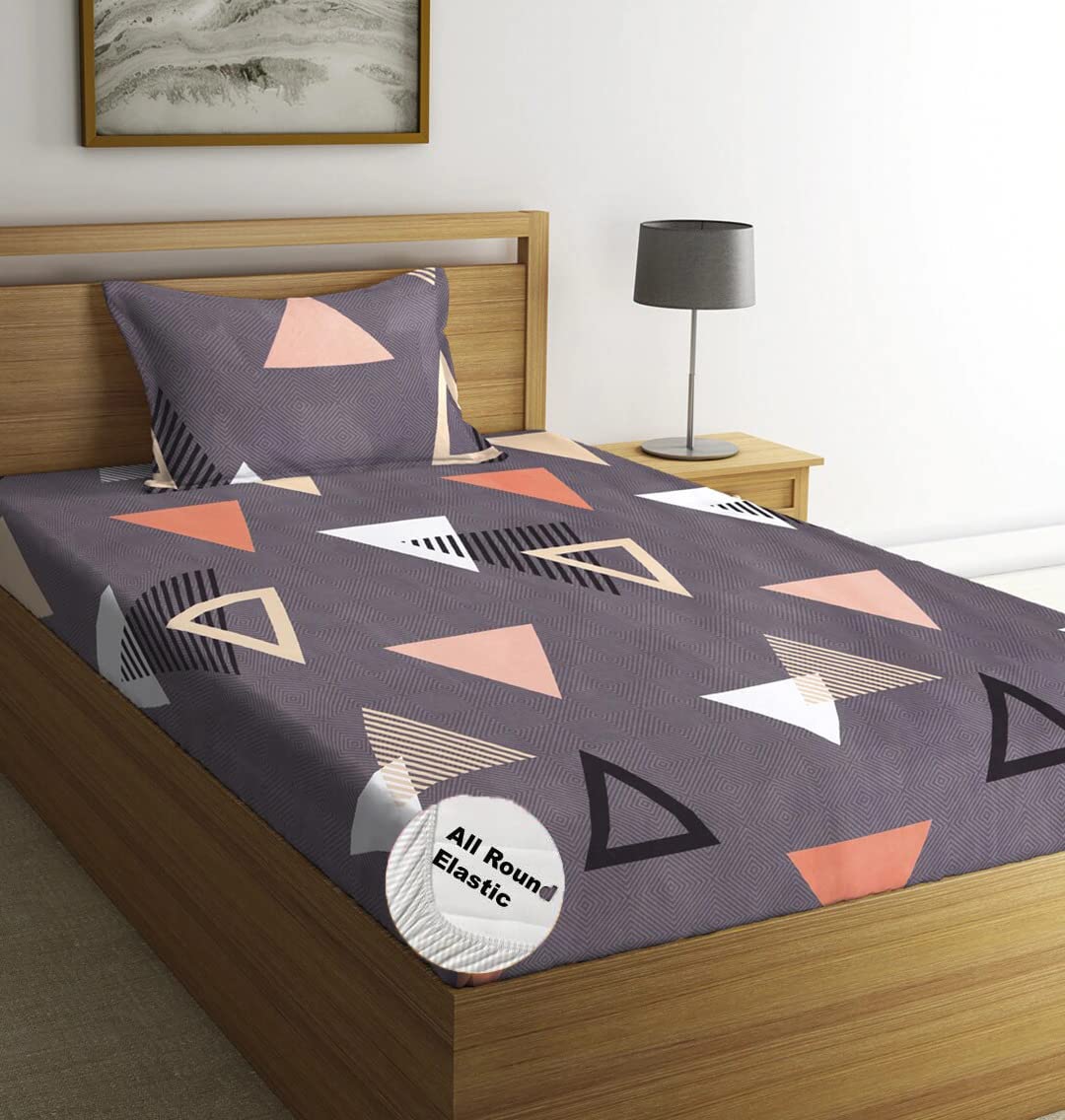 Spanglehomes 300 Tc 100% Soft Glace Cotton Elastic Fitted Single Bed Bedsheet With 1 Large Pillow Cover (36 X72X6 Inches, Grey T