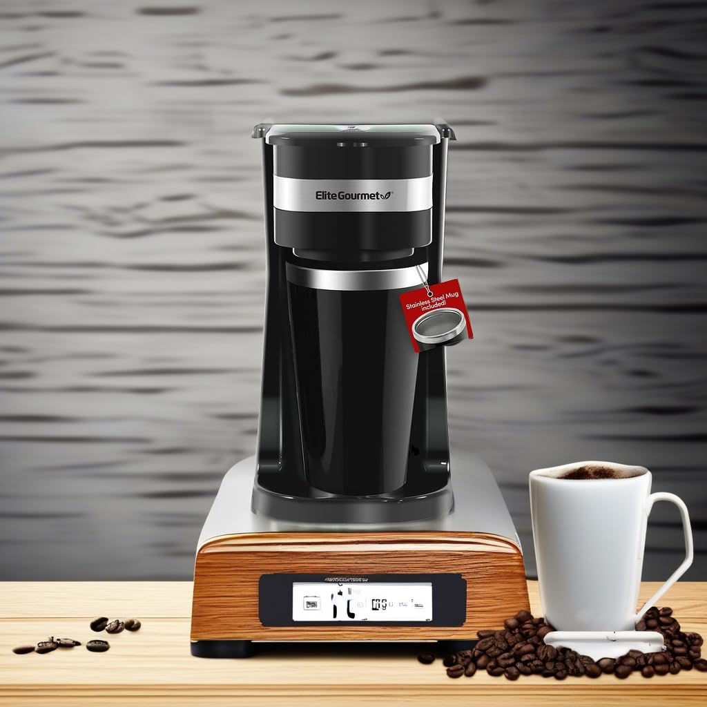 Elite Gourmet Ehc113 Personal Single-Serve Compact Coffee Maker Brewer Includes 14Oz. Stainless Steel Interior Thermal Travel Mu