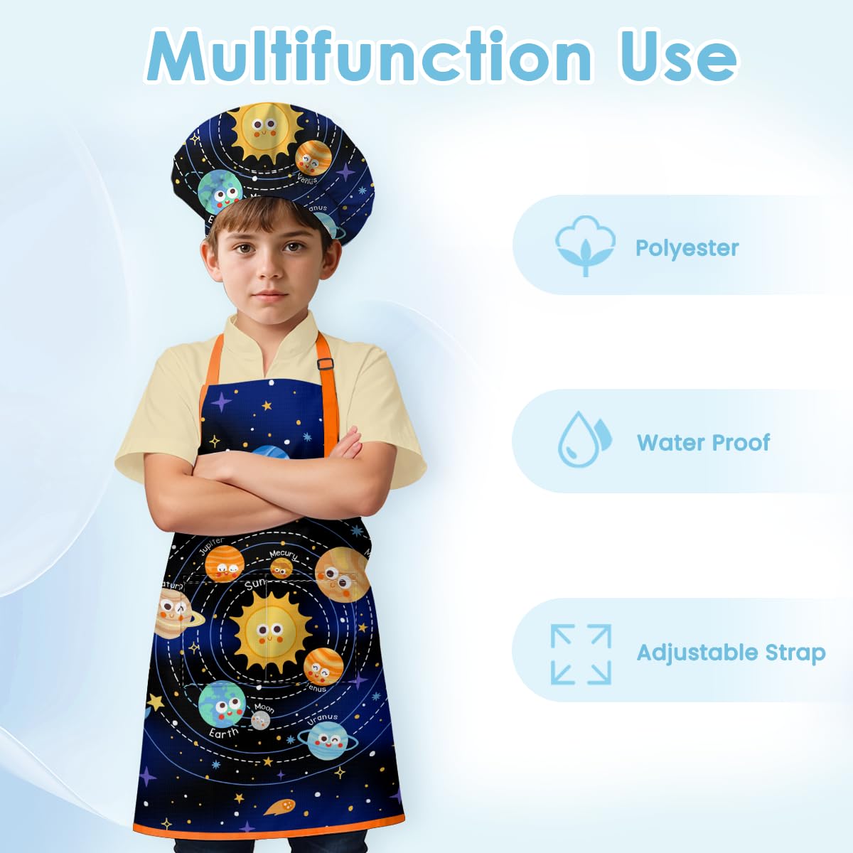 SANDJEST Solar System Apron with Front Pocket, 2Pcs Kid Apron and Chef Hat, Chef Gifts for Kids Toddlers Cooking Baking Gardenin