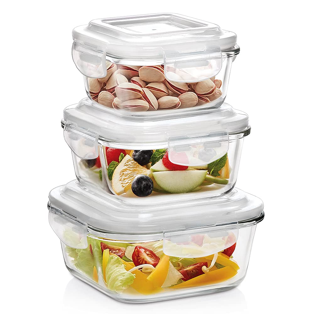 Borosil Klip N Store Glass Storage Containers For Kitchen With AirTight Lids, Microwave & Oven Safe, Square, Set Of 3 (320 Ml, 