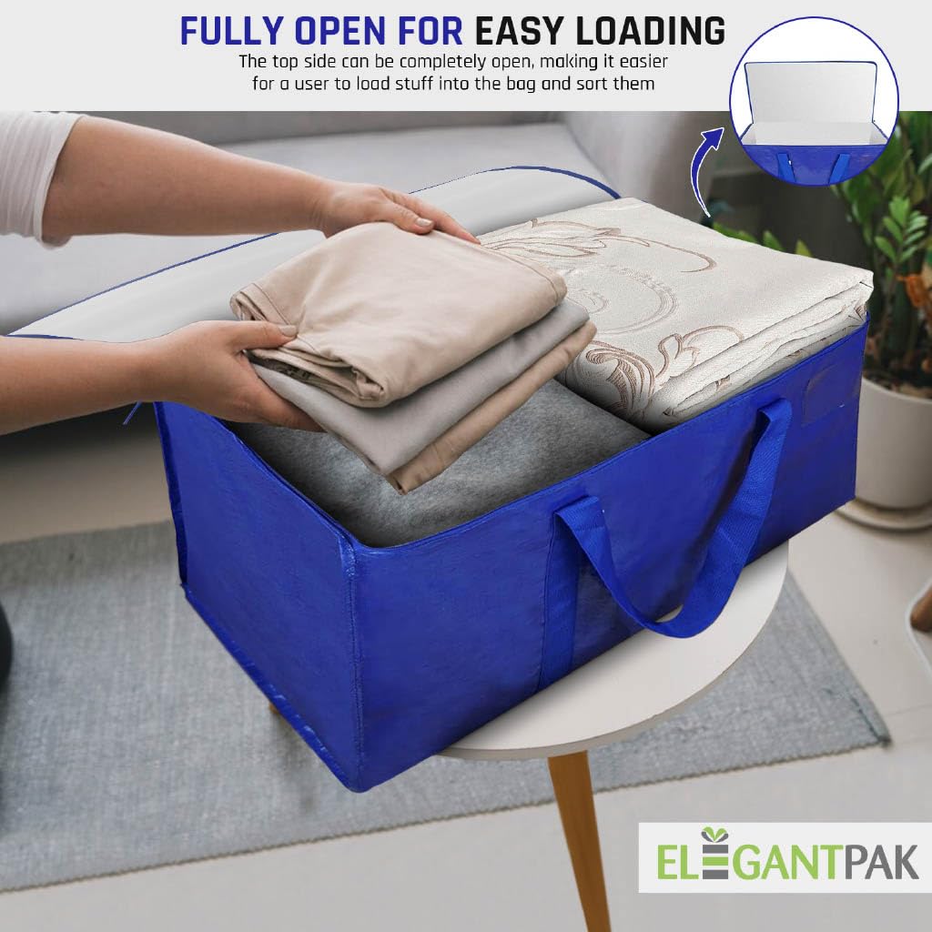 Elegantpak 6 Pack Extra Large Heavy-Duty Moving Bags With Carrying Handles & Zippers, Storage Tote For Space Saving, Folds Flat