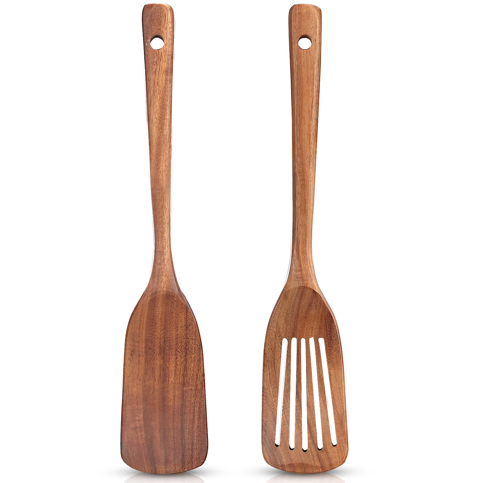 2 Pcs Acacia Wood Spatula Set Non Stick Cooking Utensils Slotted Turner Flat Wooden Kitchen Wok Spatula For Mixing Frying Fish S