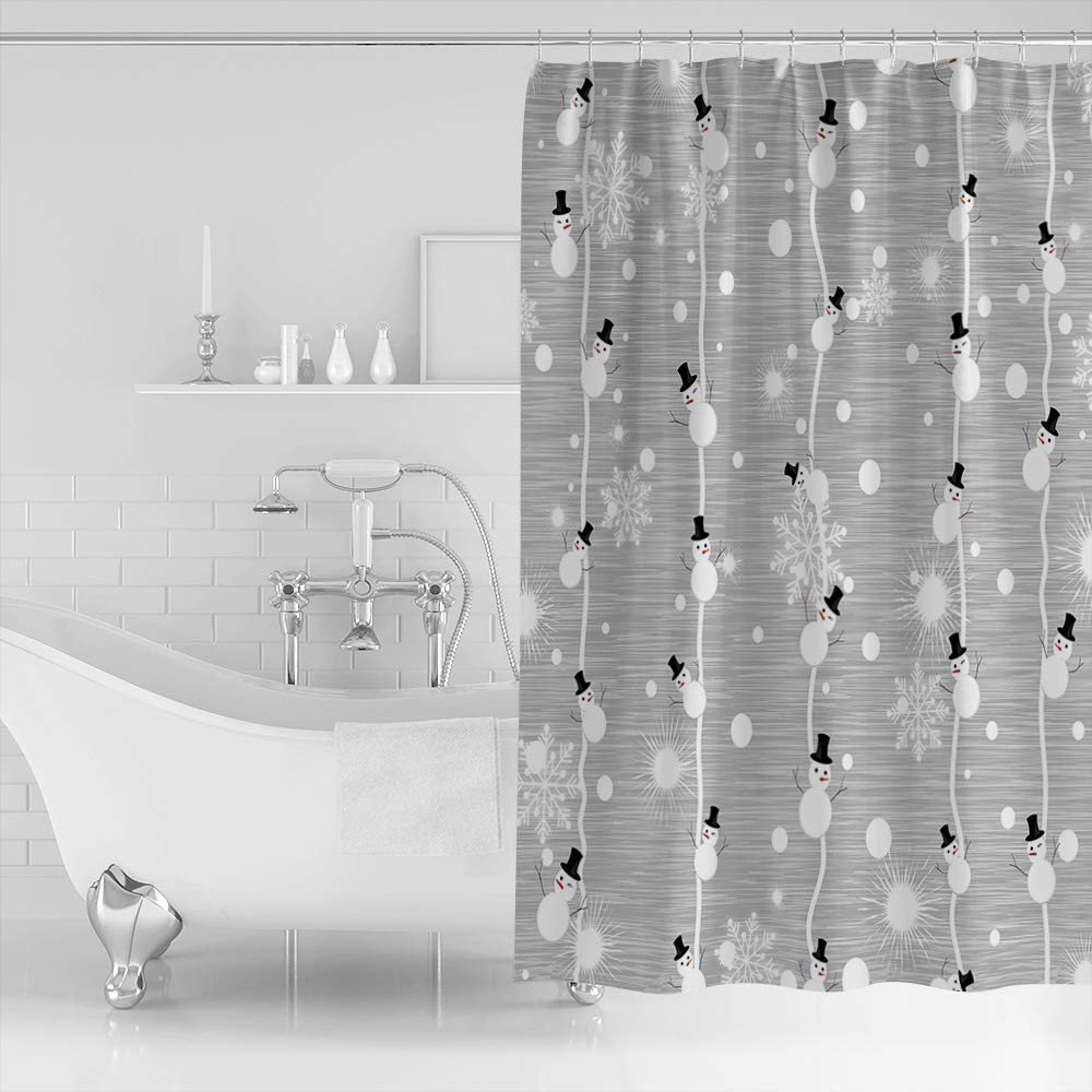 Merry Christmas Shower Curtain, Snowman And Snowflake On Grey Background Digital Print, Fabric Bathroom Decor With Hooks, 36 X 7