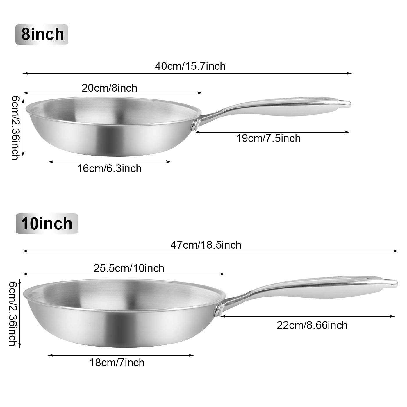 Fry Pan Set Of 2 | 8'' & 10'' Tri-Ply Stainless Steel Frying Pan, Oven & Dishwasher Safe Classic Cooking Pan Cookware