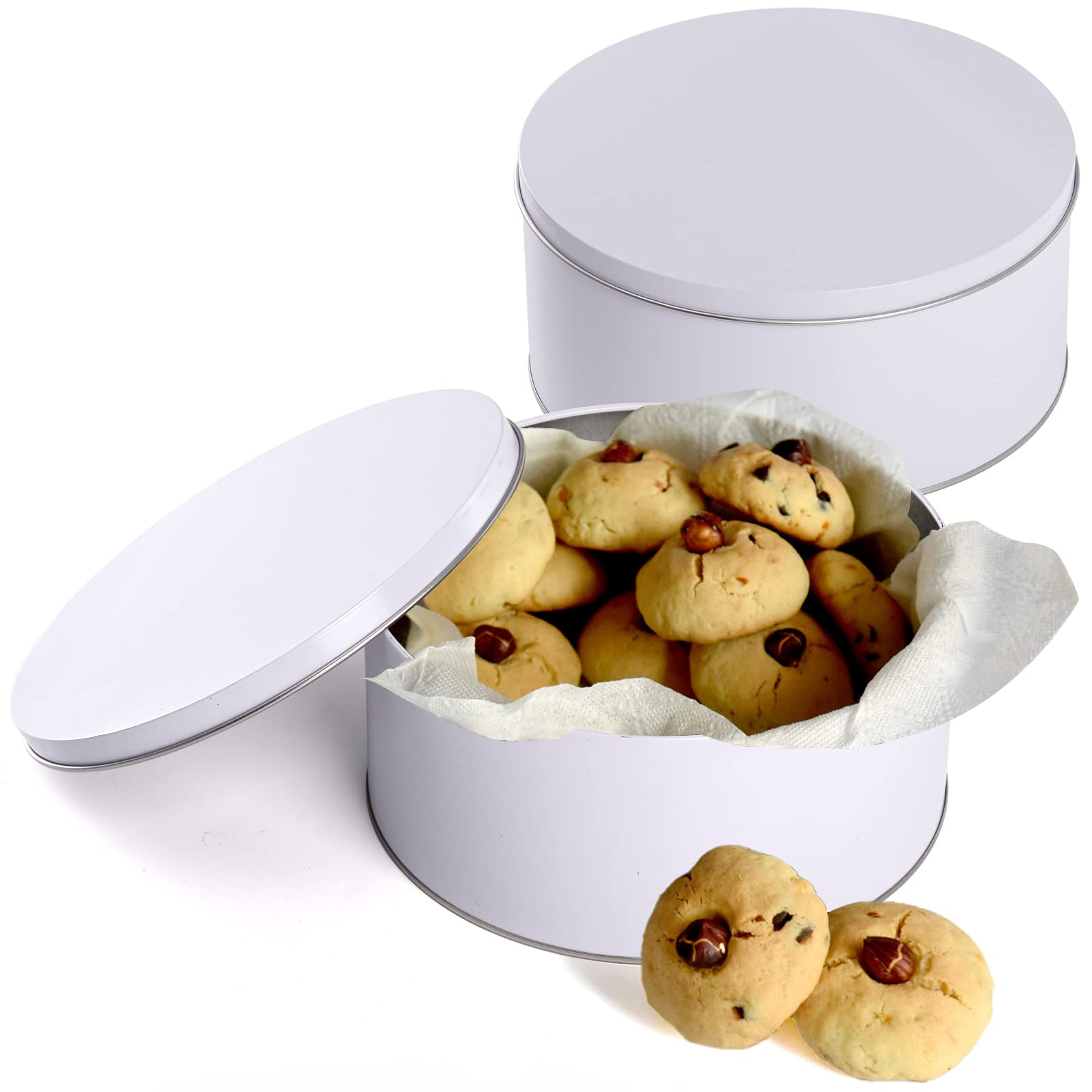 Yopay 3 Pack Cookie Tin With Lid, Round Sturdy Gift Tin, White Baking Cake Container For Storing Patisseries, Snack, Chocolate,