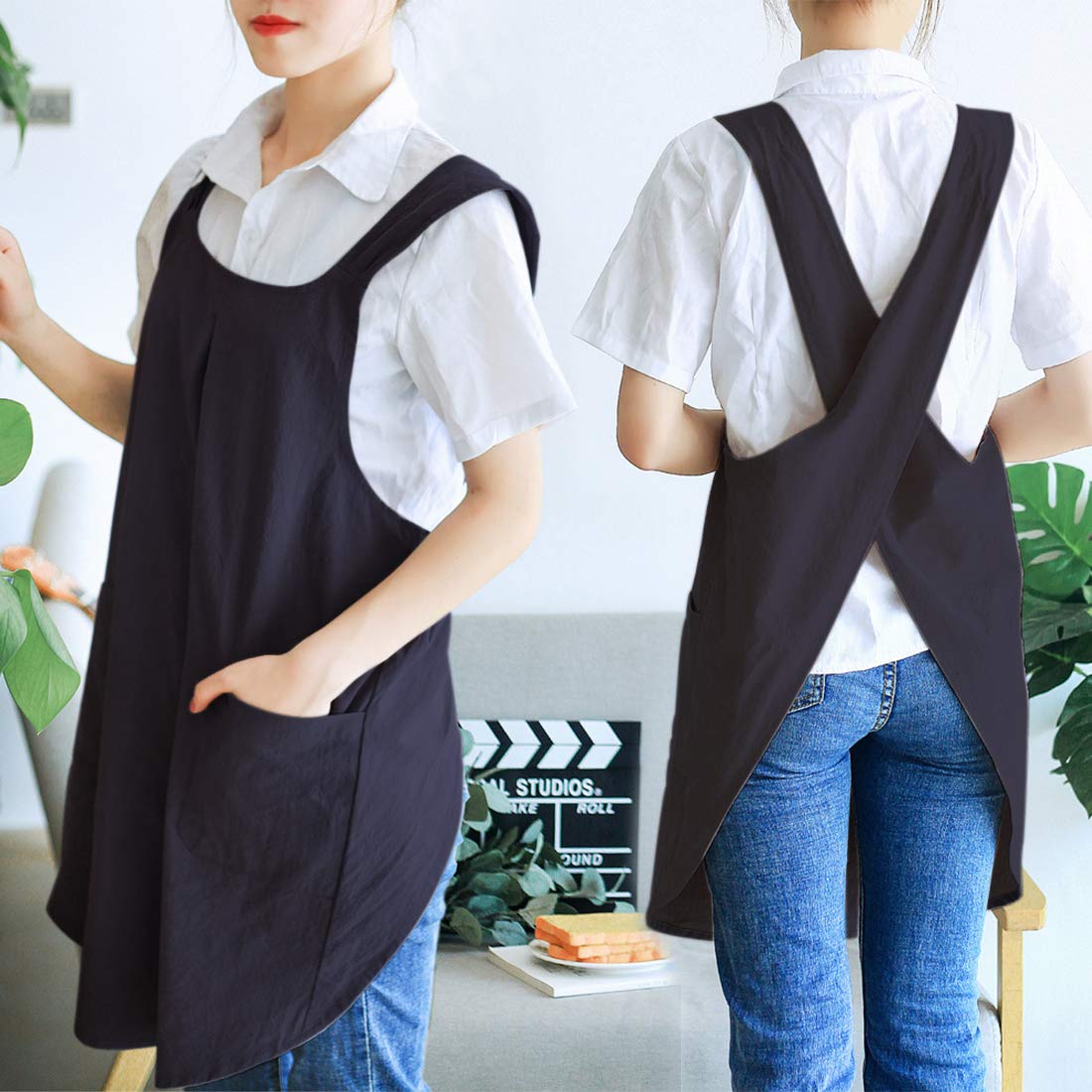 Newgem Japanese Linen Cross Back Kitchen Cooking Aprons For Men With Pockets For Baking Painting Gardening Cleaning Black