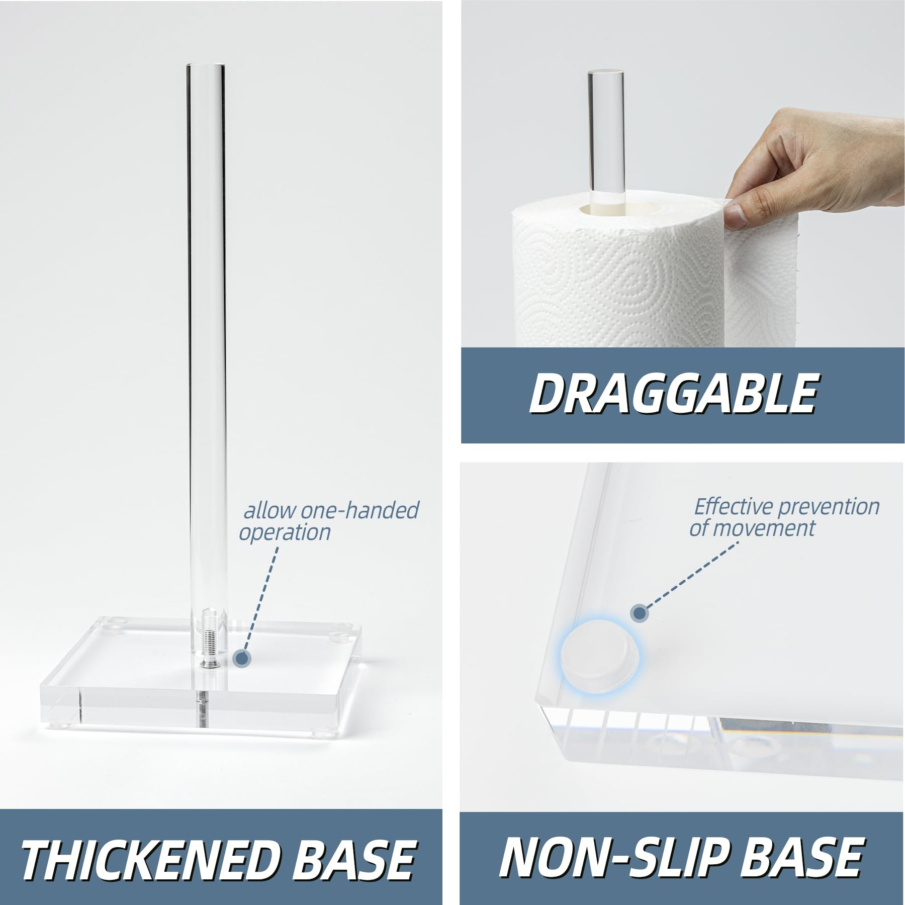 Antimbee Transparent Acrylic Paper Towel Stand Holder, Freestanding Tabletop Roll Paper Tower Holder, Countertop Paper Towel Dis