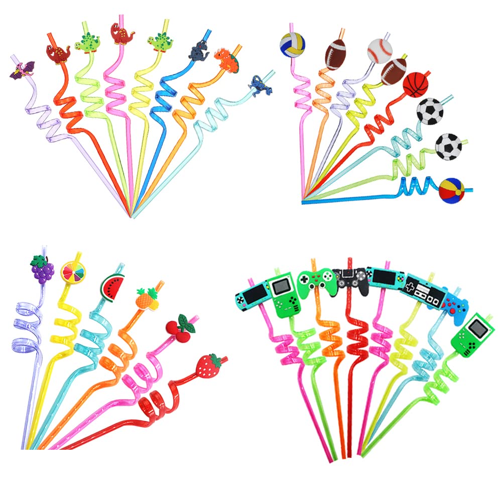 Pack Of 30 Reusable Plastic Drinking Straws - Game Controller, Football, Dinosaur And Fruit Straws For Kids Girls Boys Birthday