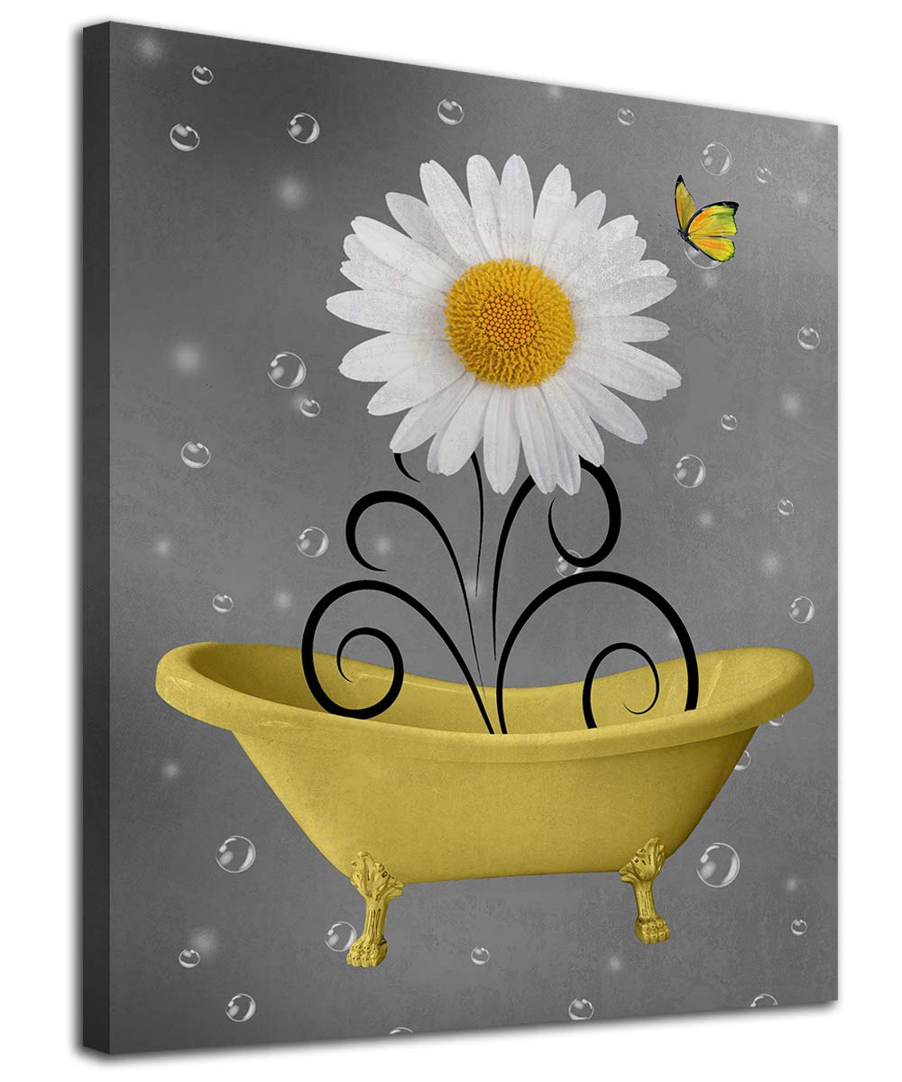 Bathroom Wall Art Daisy Canvas Pictures Modern Flower Bathtub Artwork Rustic Wood Board Background Contemporary Wall Art Decor B