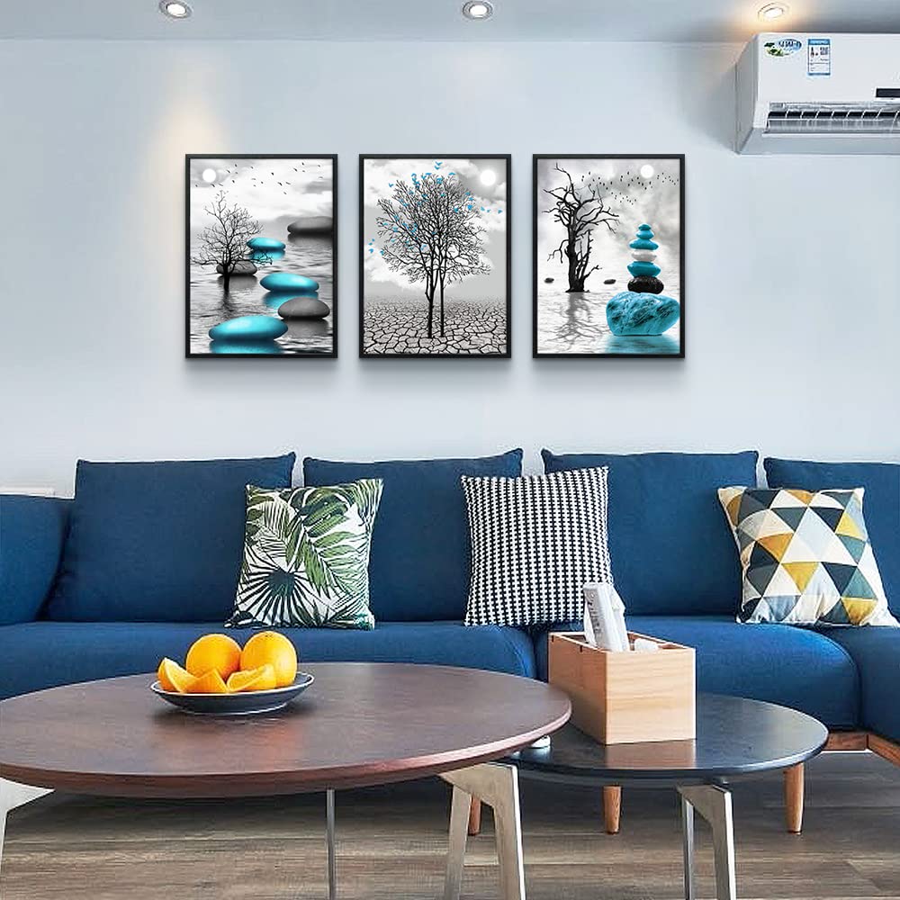 Black Framed Canvas Wall Art for Living Room Wall Decor for Bedroom Blue Abstract Wall Pictures Bathroom Black and White Paintings Office Wall Decoration Modern Home Decor 3 Piece Framed Art Prints