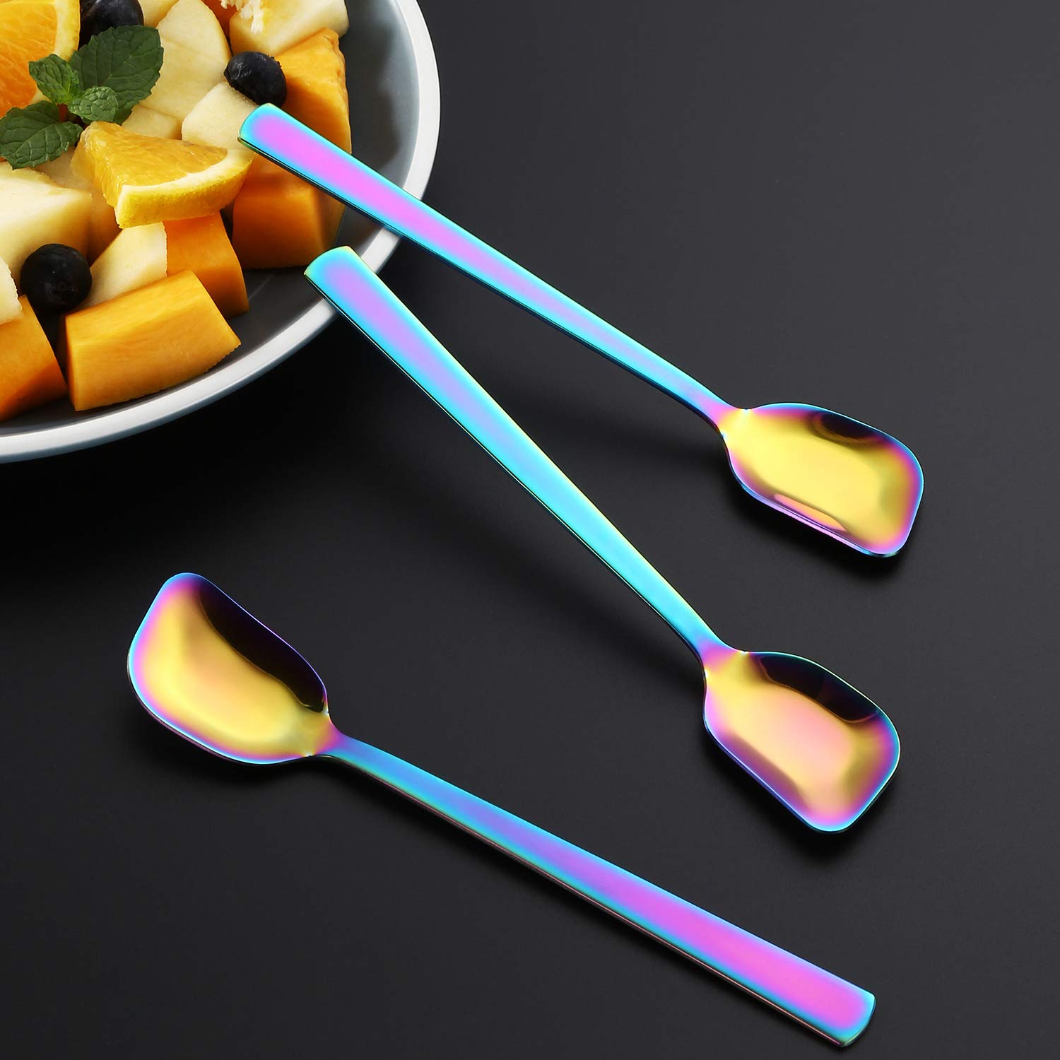 Gogeili Yogurt Spoon, Stainless Steel Gelato/Ice Cream Spoon, Rainbow Fruit Spoon, Dessert Spoon, 6.4-Inch, Set Of 6