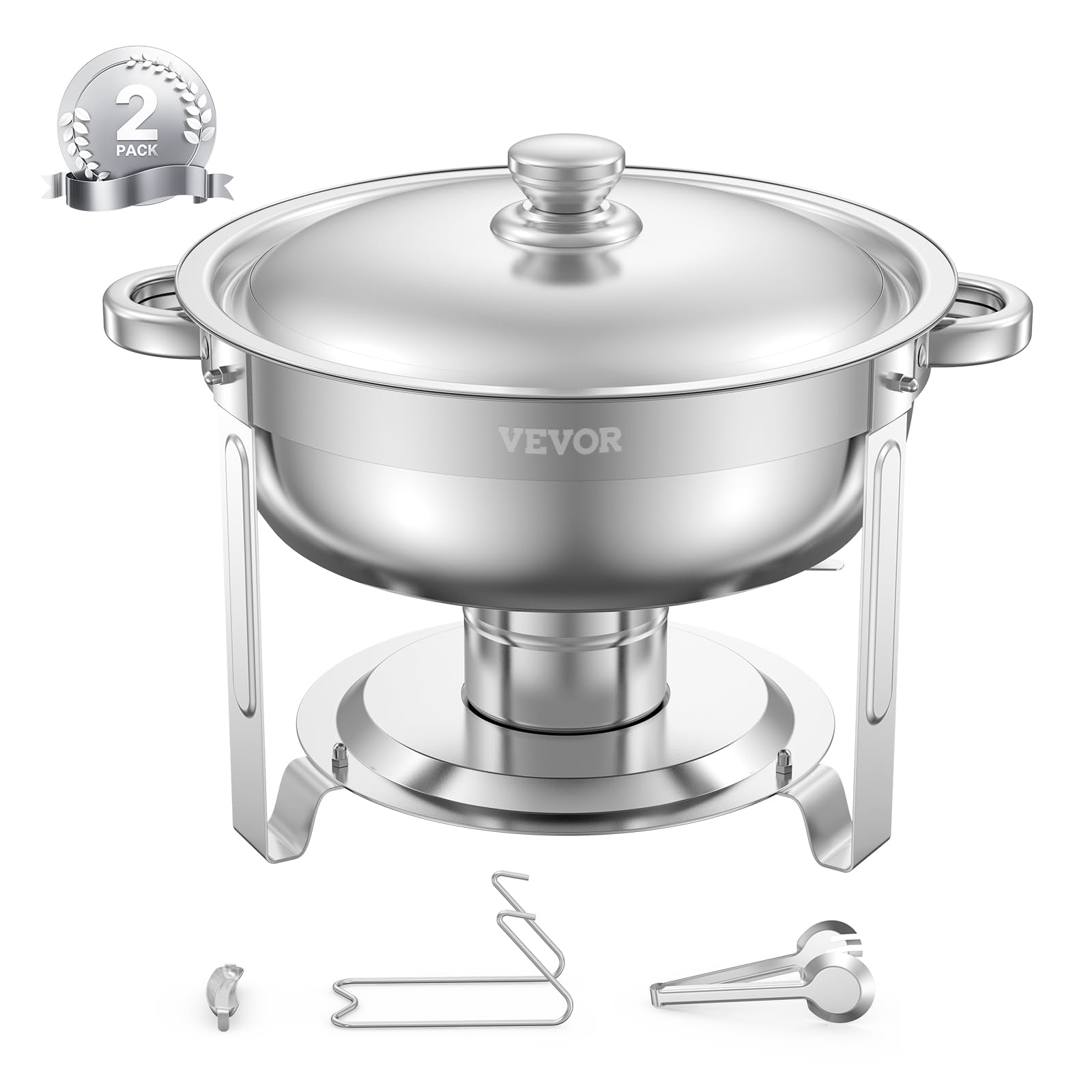 VEVOR Chafing Dish Buffet Set, 5 Qt 2 Pack, Stainless Steel Chafer with 2 Full Size Pans, Round Catering Warmer Server with Lid 