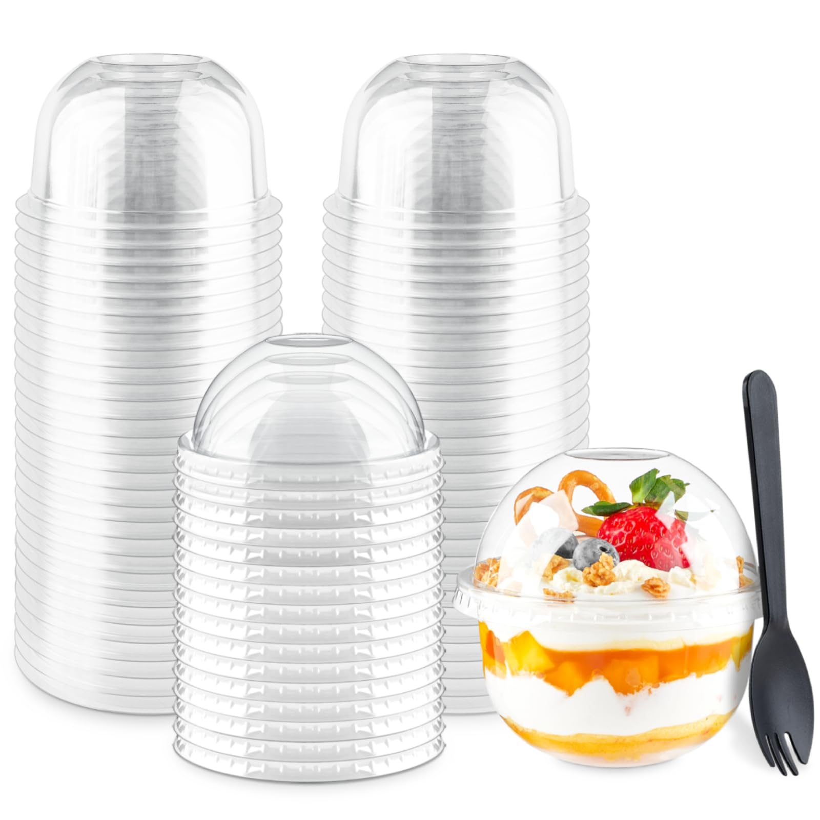 Zezzxu 50 Pack 9 Oz Plastic Dessert Cups With Dome Lids (No Hole) And Sporks, Disposable Snack Cups For Fruits, Ice Creams, Cake