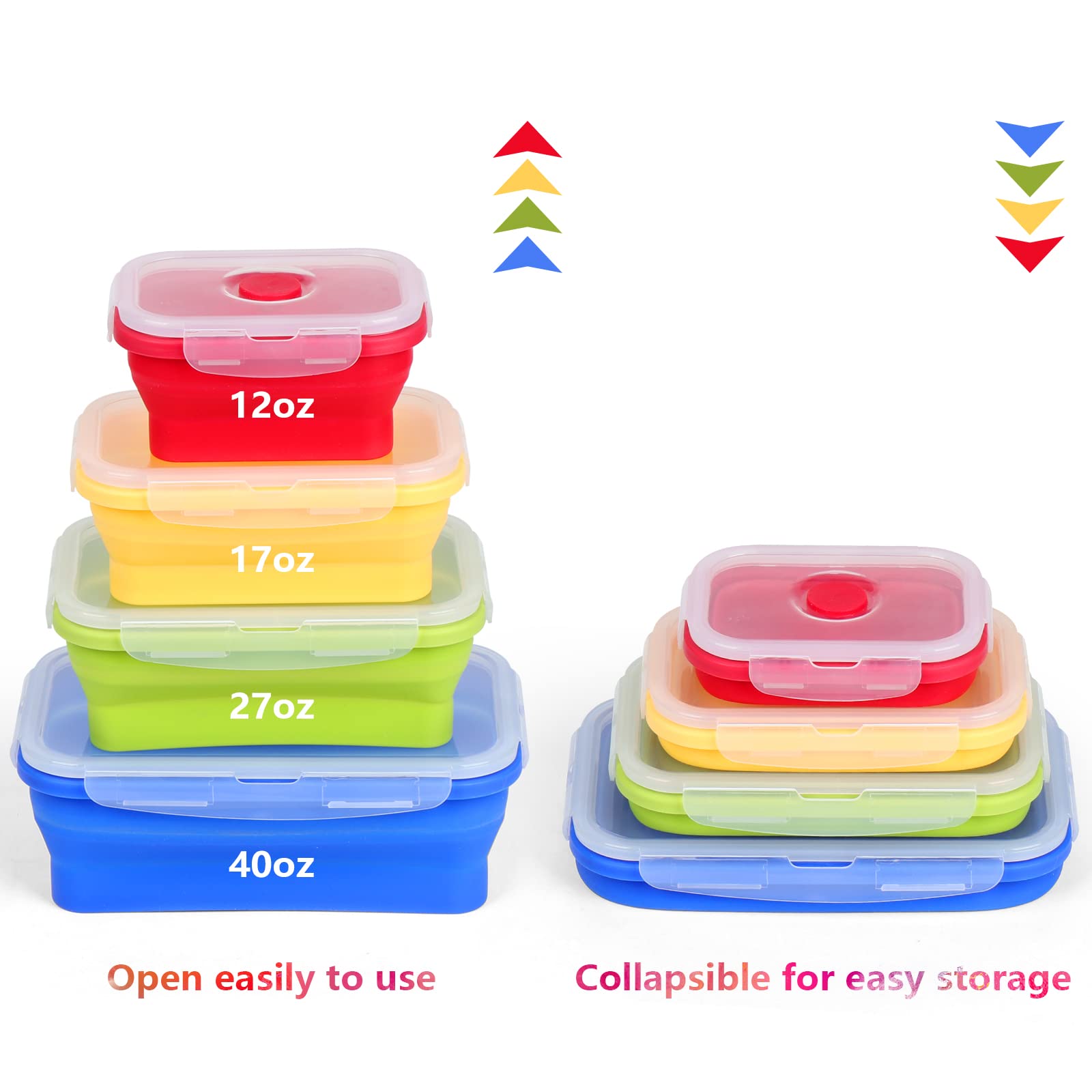 Xsuper Set Of 4 Collapsible Silicone Food Storage Container, Foldable Meal Prep Lunch Box Containers For Food With Airtight Lids