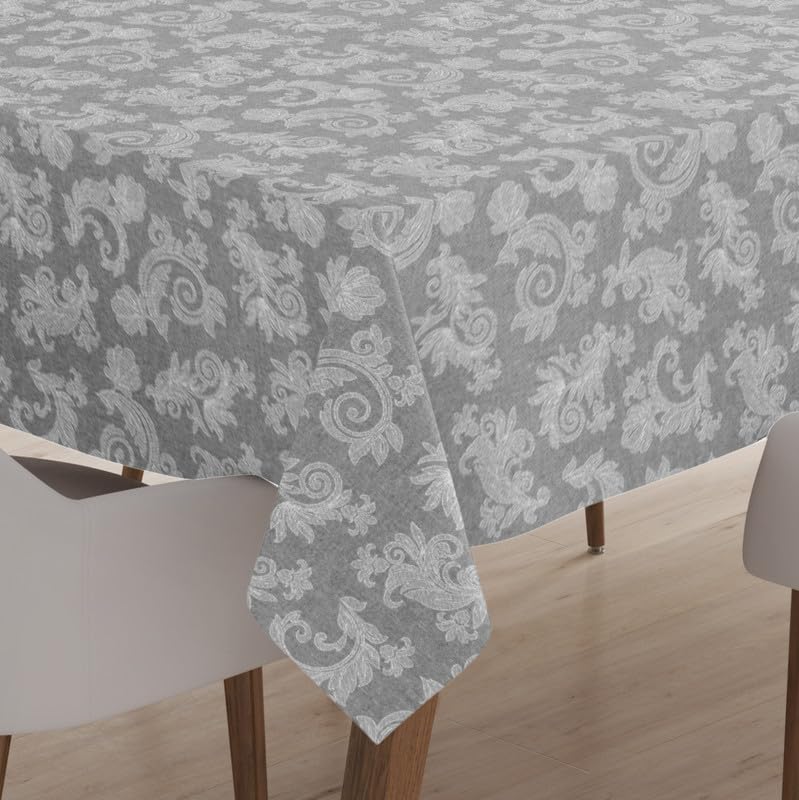 Encasa 6 to 8 seater Dining Table Cloth 145x240 cm (57x94 in) I Floral Grey Jacquard Style Print on Chambray Homespun Cotton I f