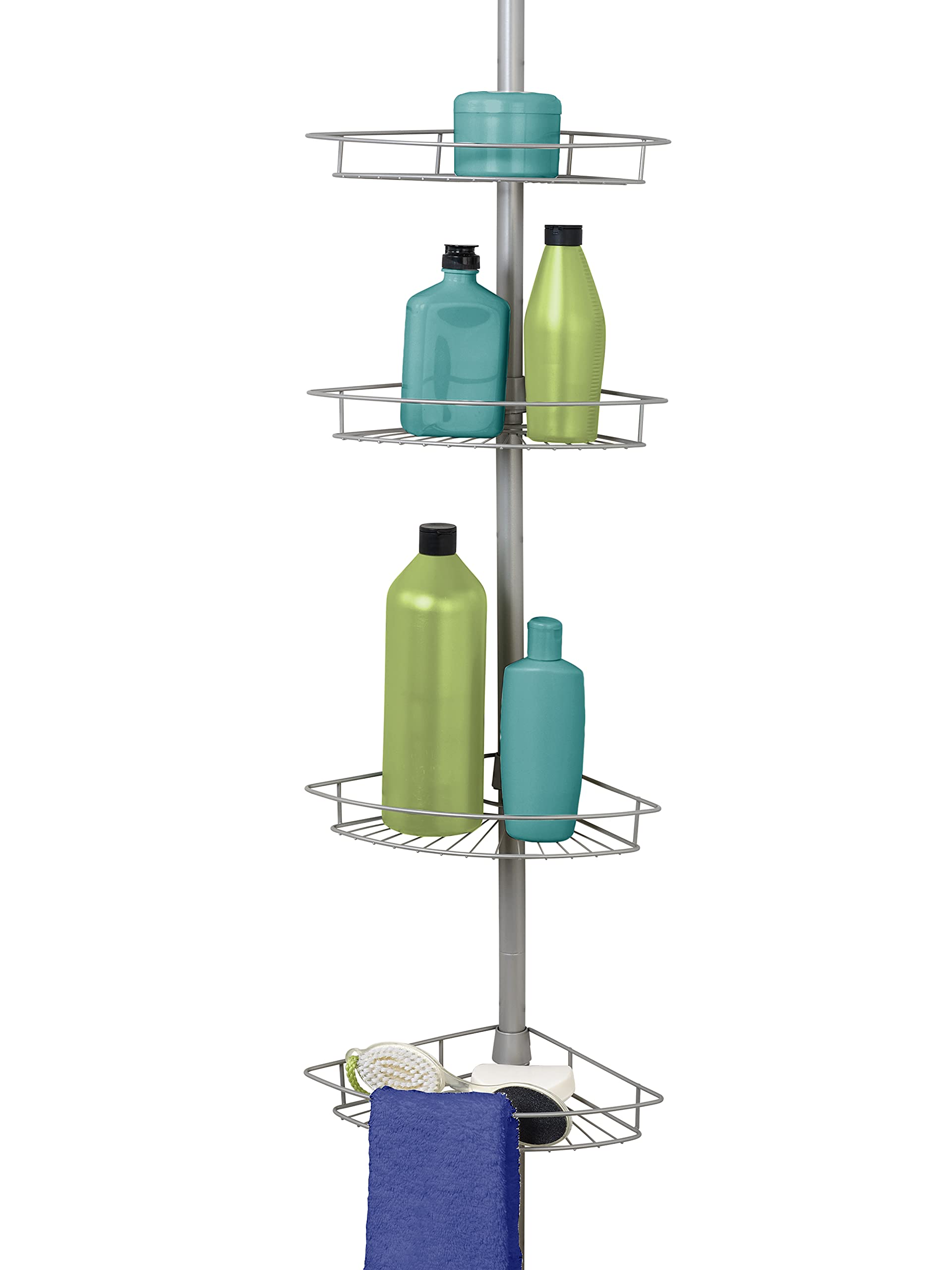 Zenna Home Tension Pole Shower Caddy 4 Basket Shelves With Built-In Towel Bars, Adjustable, 60 To 97 Inch, Satin Nickel