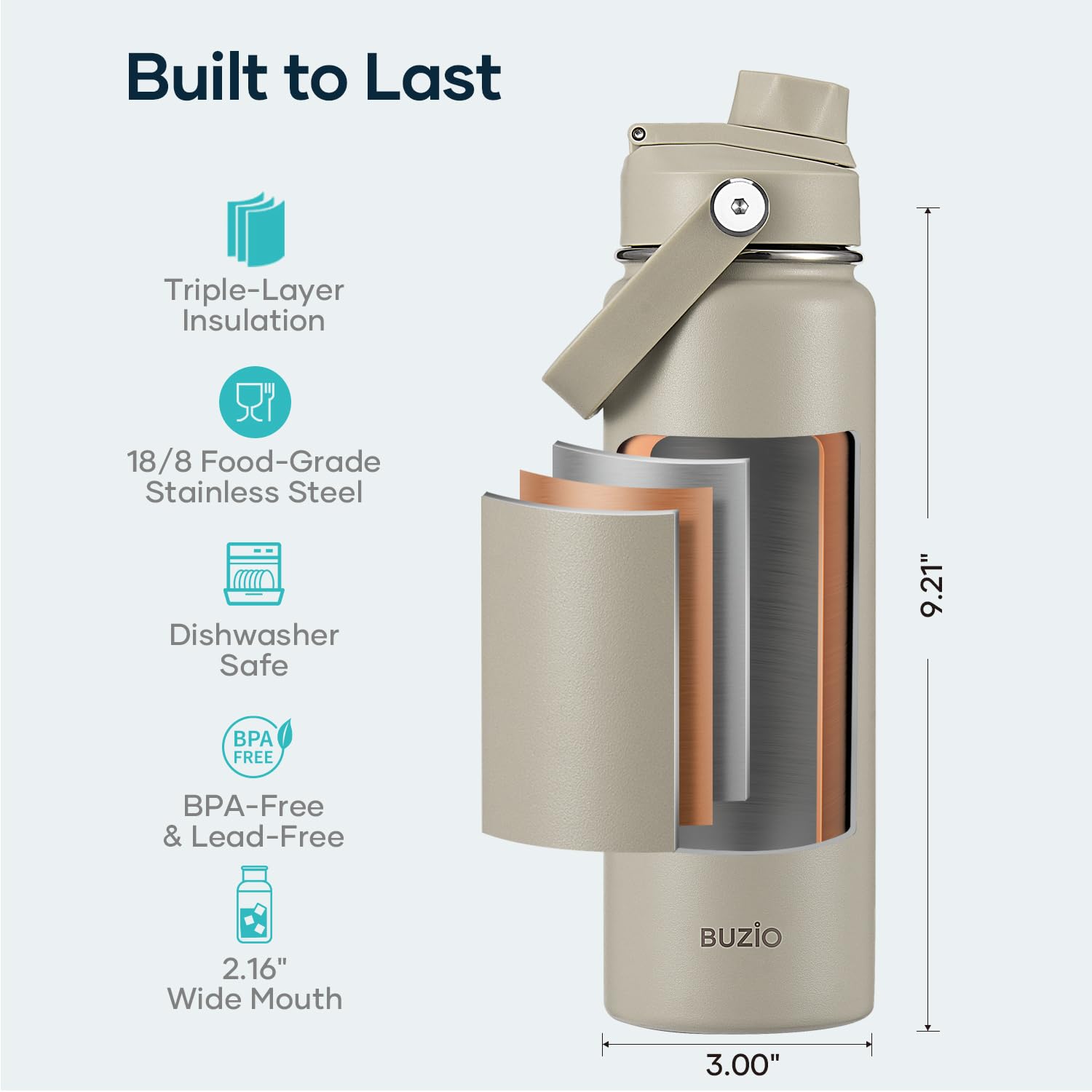 BUZIO 24 oz Water Bottle Insulated, Leakproof Stainless Steel Flask (Cold for 48 Hrs), Wide Mouth BPA-Free Metal Thermo Hydro Ca