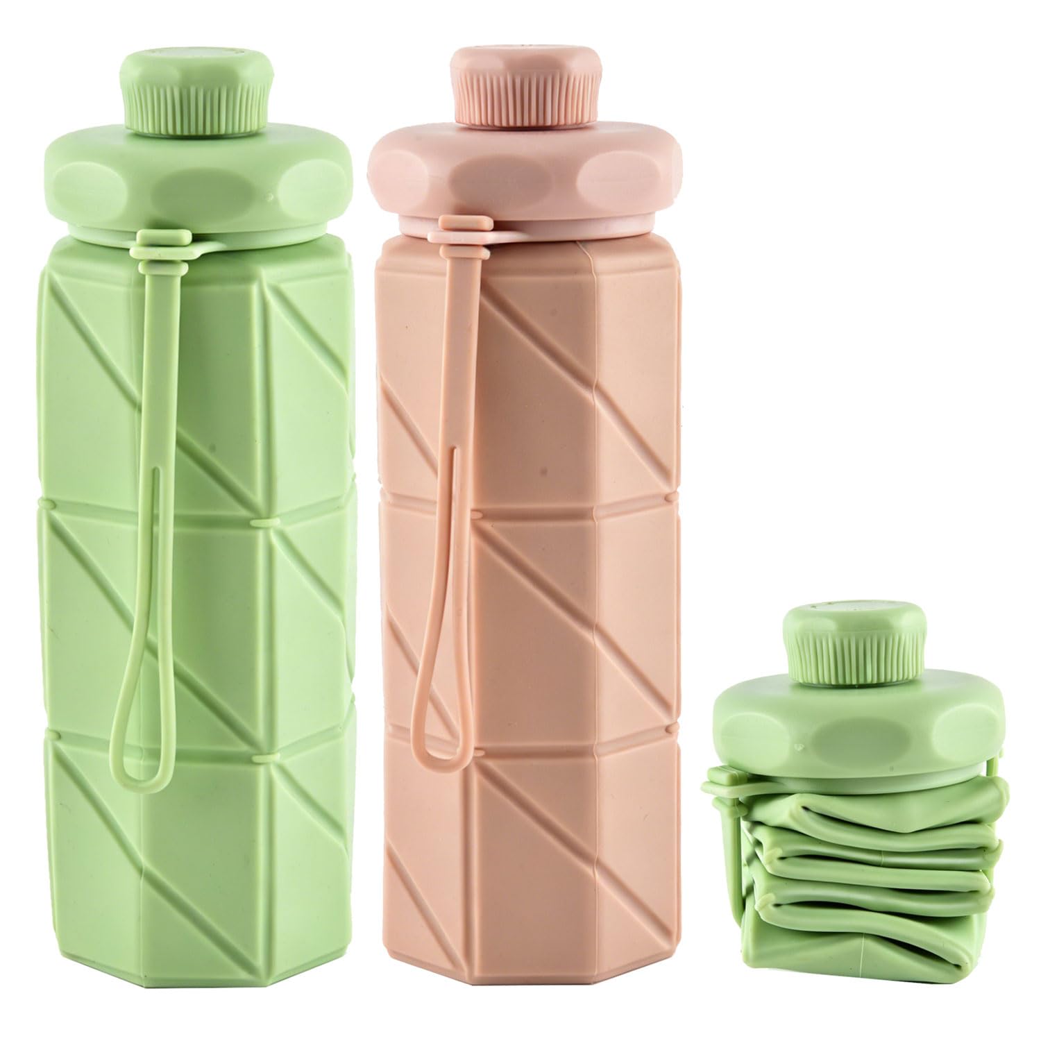 Winkgeesg Collapsible Travel Water Bottle 20oz (600ml), 2 Pack Reuseable Leakproof BPA Free Foldable Sports Bottle, with Carryin