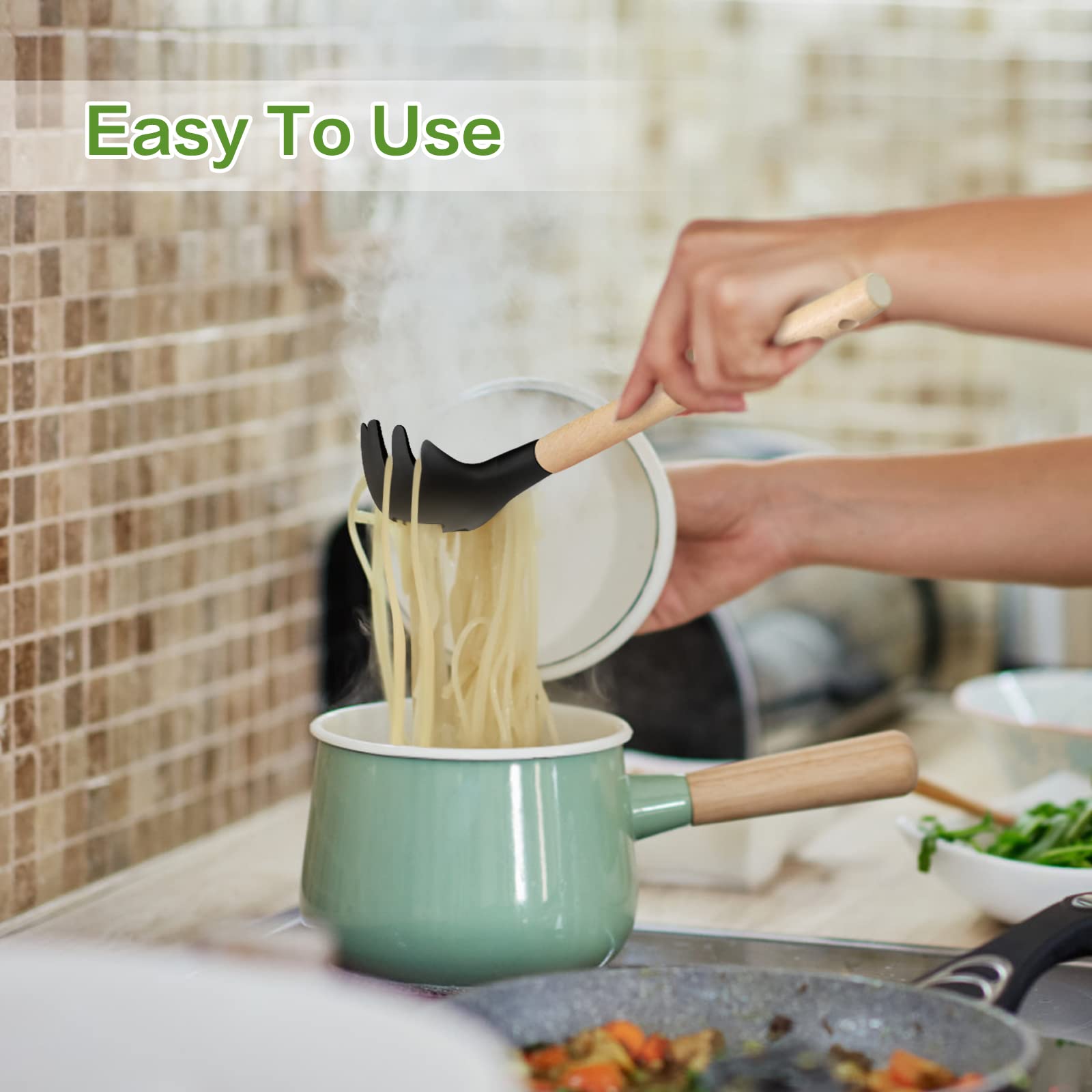 LorisArm Wooden Handle Pasta Fork Spoon, 12" Silicone, BPA Free, Black, Model W-PF-1