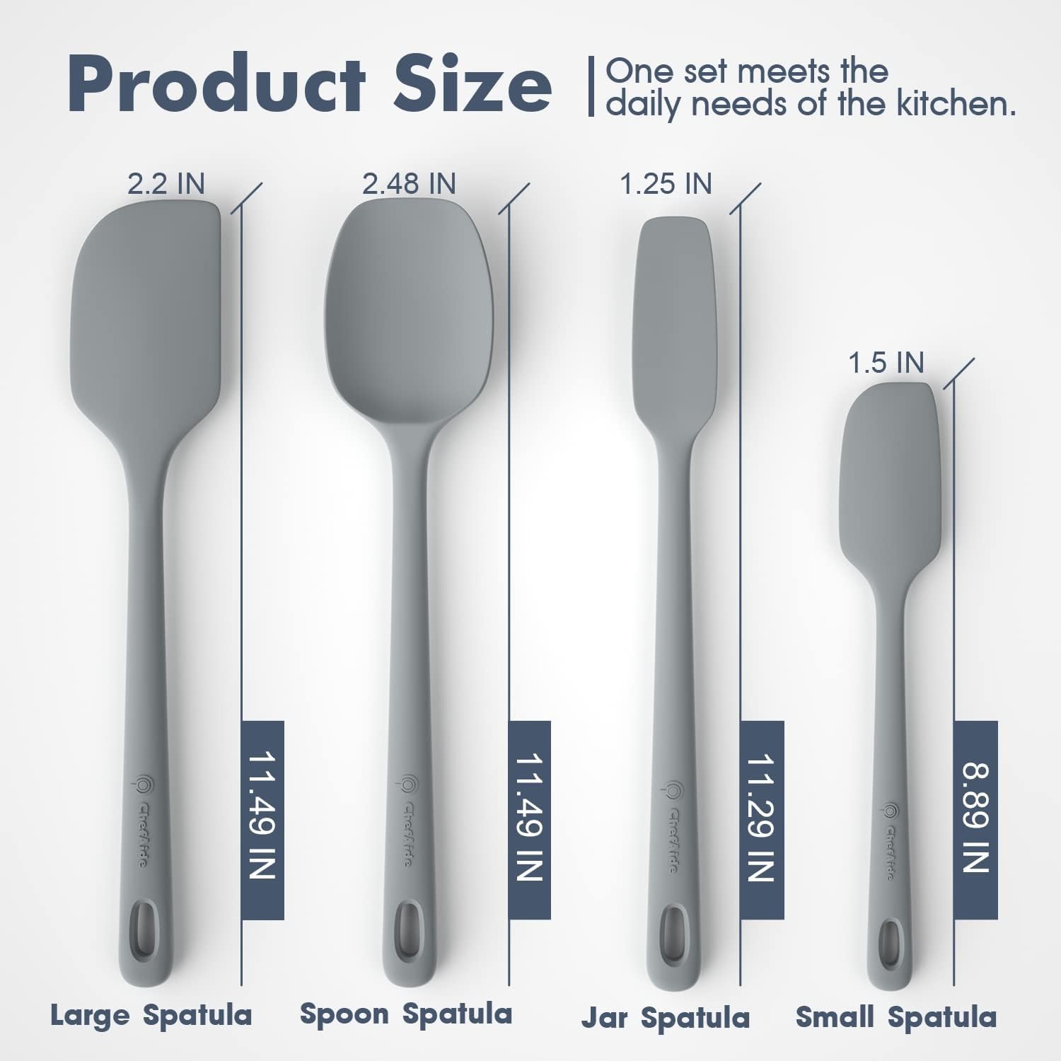ChefAide Silicone Spatula Set - 4 Pieces, Heat Resistant, Ergonomic Grip, Gray, Model S4