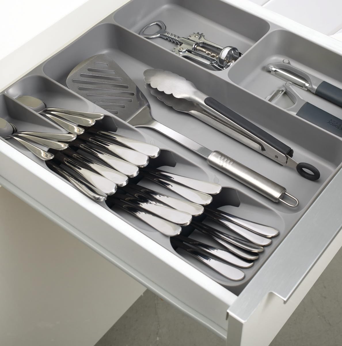 Joseph Joseph DrawerStore Kitchen Drawer Organizer Tray for Silverware Cutlery Utensils and Gadgets  Gray  15.6 x 15.1 x 2.1 Inches