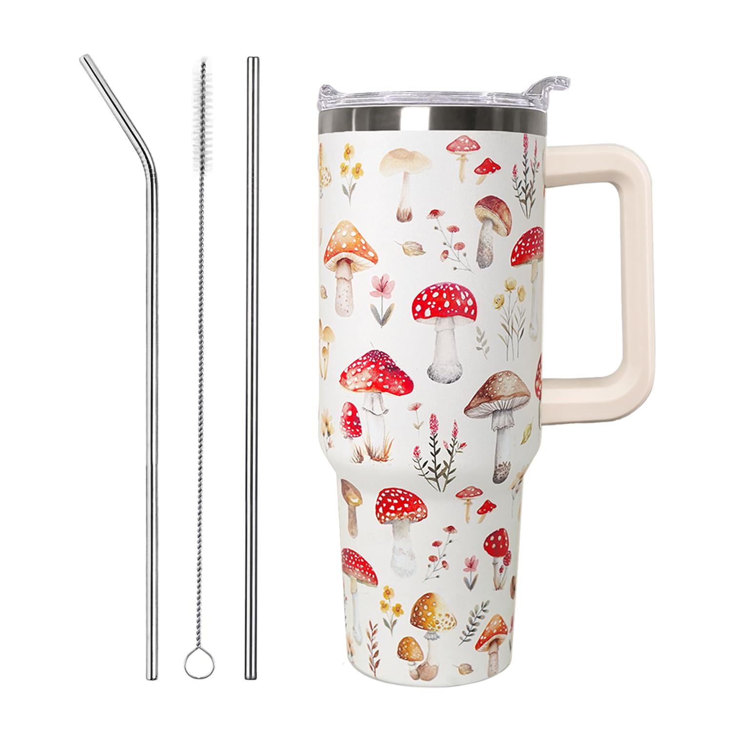 Ceovfoi 40 Oz Mushroom Stainless Steel Coffee Travel Mug Cup Water Bottle Tumbler with Handle Lid and Straw,Mushroom Decor,Mushr