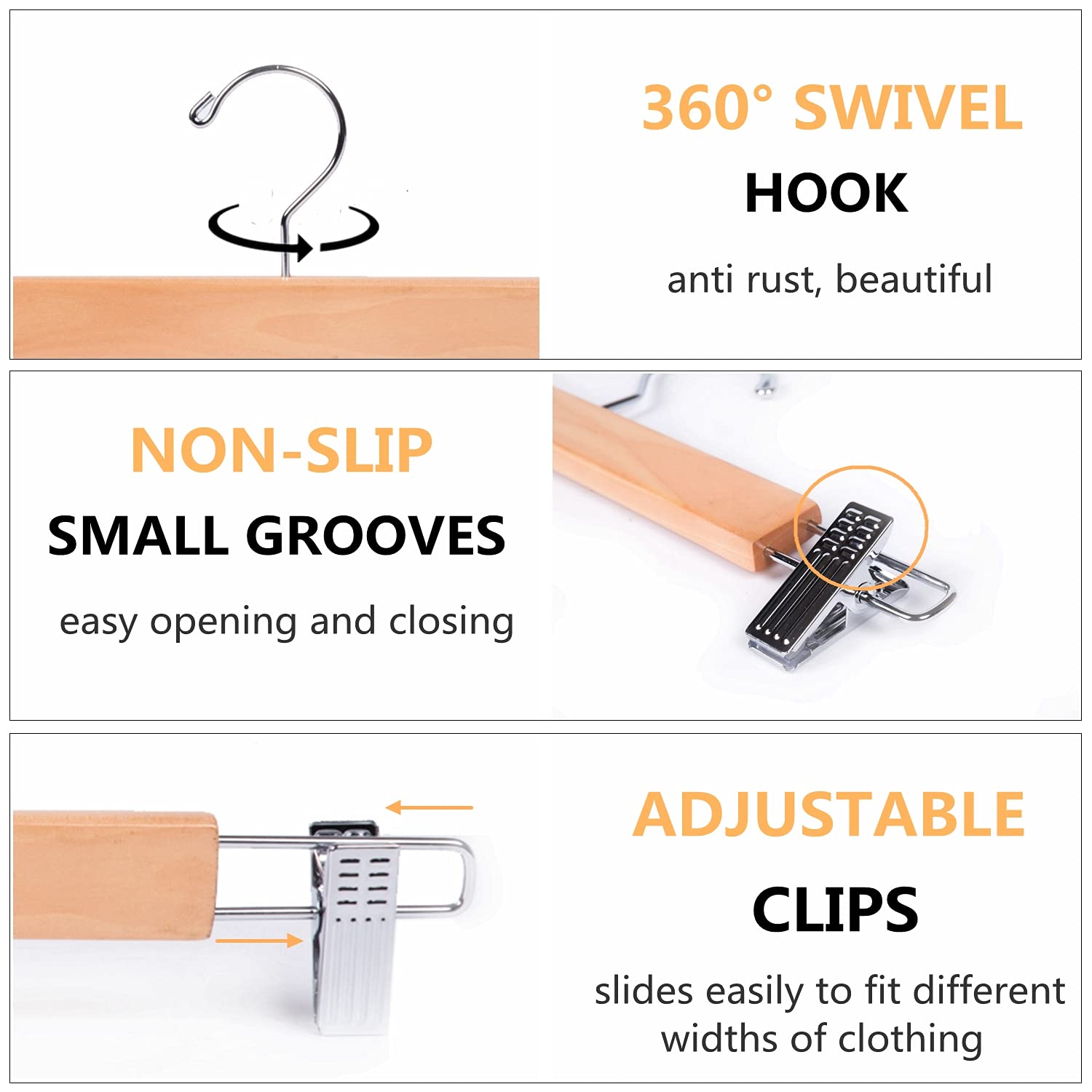 Amber Home 14.17'' Solid Natural Wooden Pant Skirt Hangers 10 Pack, Bottom Hangers For Slacks Trousers Jeans With 2-Adjustable A