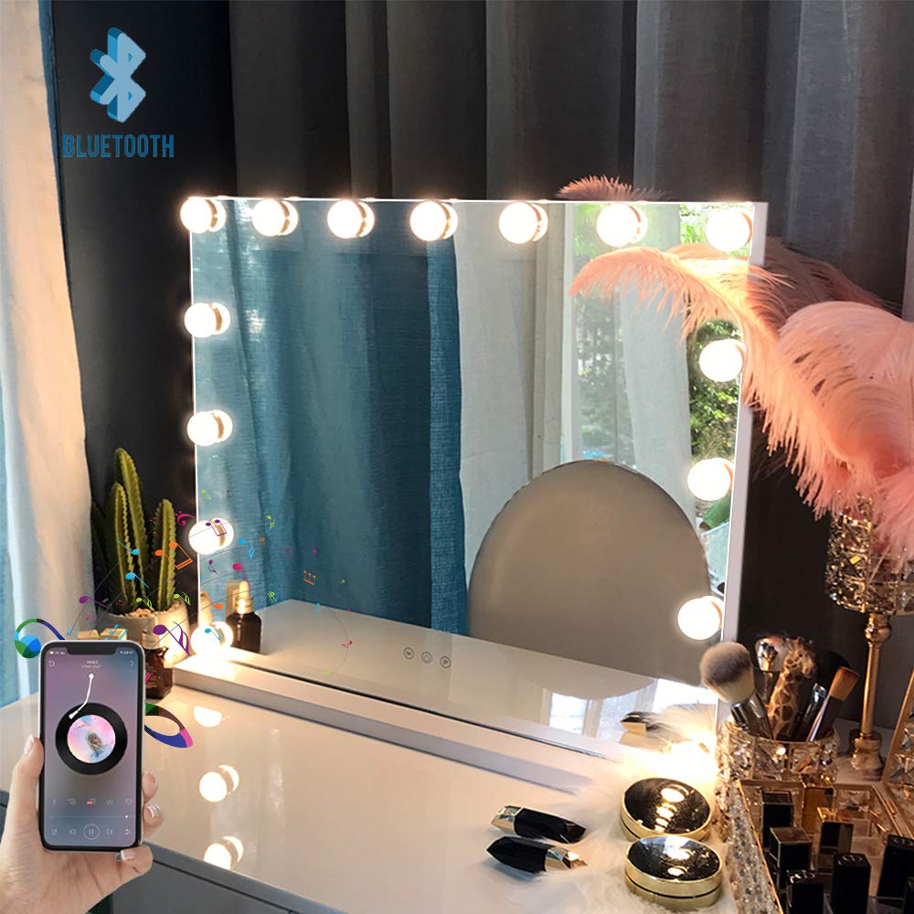 Fenchilin Vanity Mirror With Lights And Speaker Hollywood Lighted Makeup Mirror With 15 Dimmable Led Bulbs For Dressing Room & B