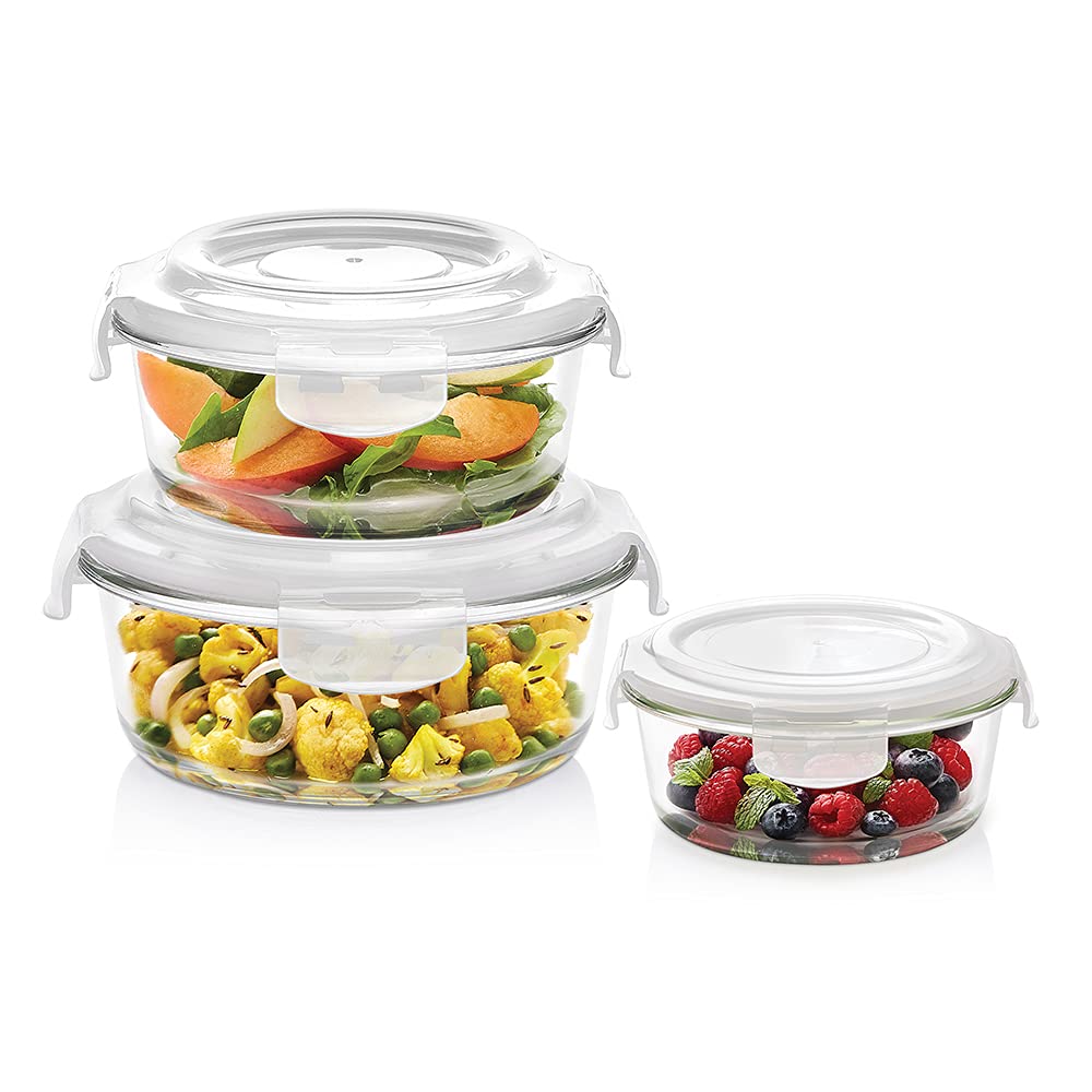 Borosil KlipNStore Set Of 3 Microwave & Oven Safe Gift Set, Glass Storage Container, 400Ml, 620Ml & 950Ml Round, With Air Tigh