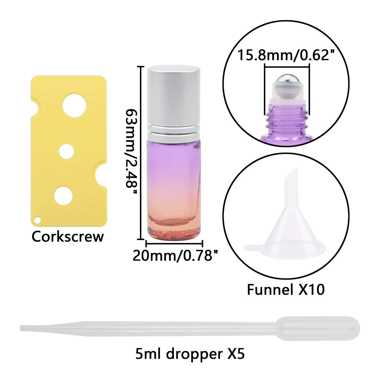 Jiuwu 10 Pack 5Ml Essential Oil Roller Bottles Purple-Orange Gradient Roller Bottles With Stainless Steel Roller Balls And Silve