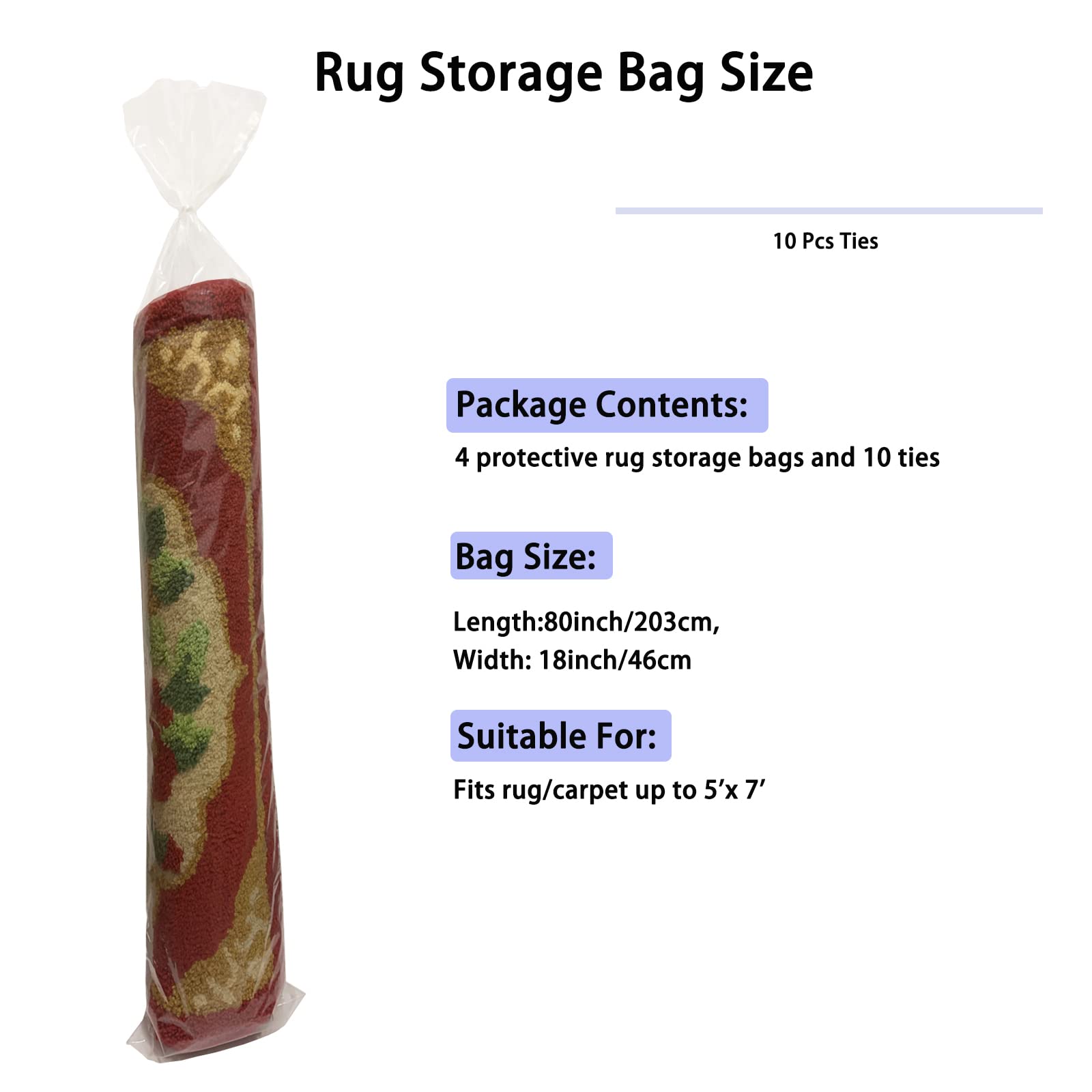 4 Pcs Plastic Rug Storage Bag With 10 Ties, Fits Rugs Up To 5' X 7' Clear Carpet Bag, 4.5 Mil Heavy Duty Rug Storage Bag-Protect