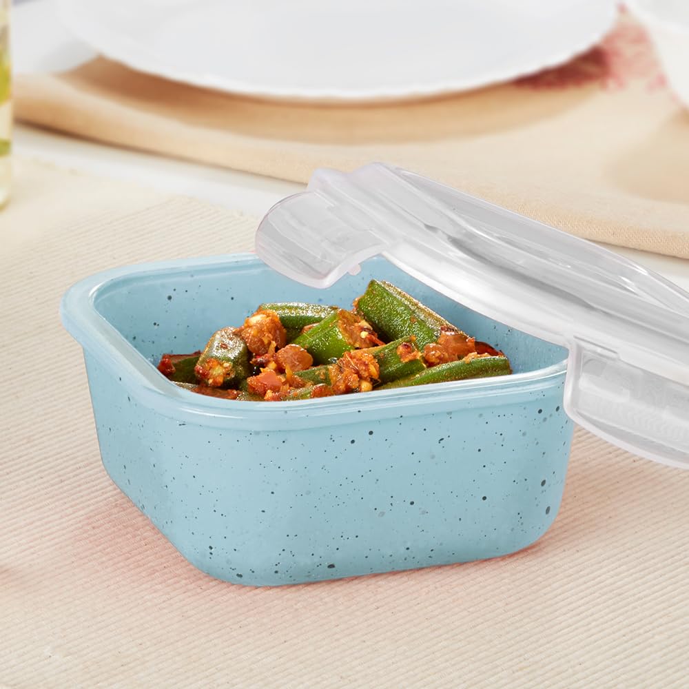 Borosil 520 Ml Blue Food Storage Container With Air Tight Lid | Square Shape Borosilicate Glass Organiser | Microwave & Dishwash