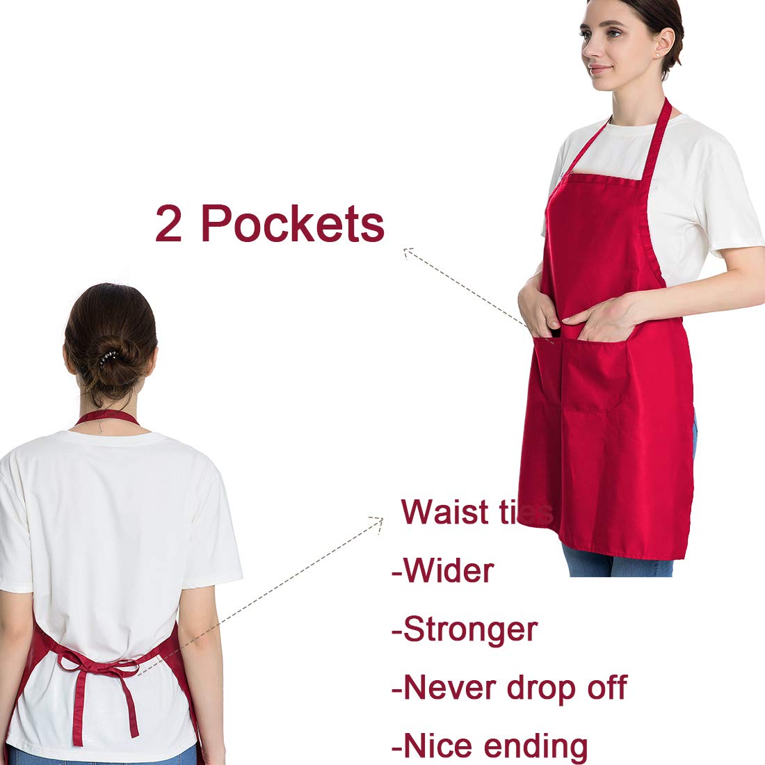Loyhuang Total 6Pcs Red Aprons Bulk For Women Unisex Plain Colour Bib Aprons With 2 Front Pockets Washable Apron For Painting Co