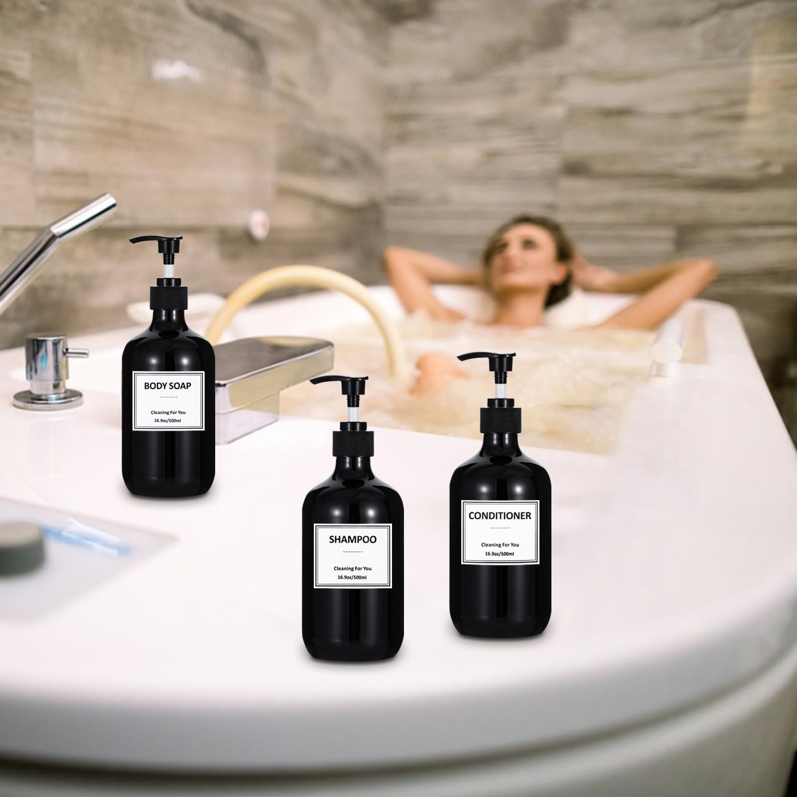 Yeeco 16.9Oz/500Ml Hand Soap Dispenser, Plastic Pump Bottles Dispenser With Waterproof Labels, Shampoo And Conditioner Dispenser