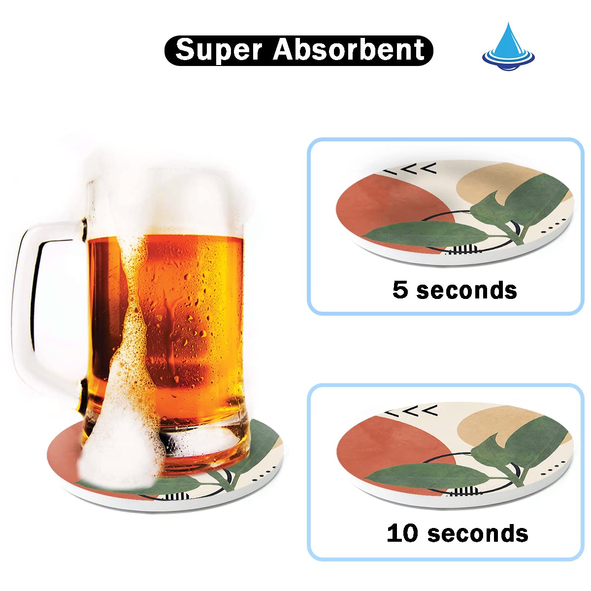 Hopony Coasters For Drinks,6 Pieces Ceramic Stone Coaster Set With Metal Holder Stand, Cork Base,Absorbent Cups Place Mats For H