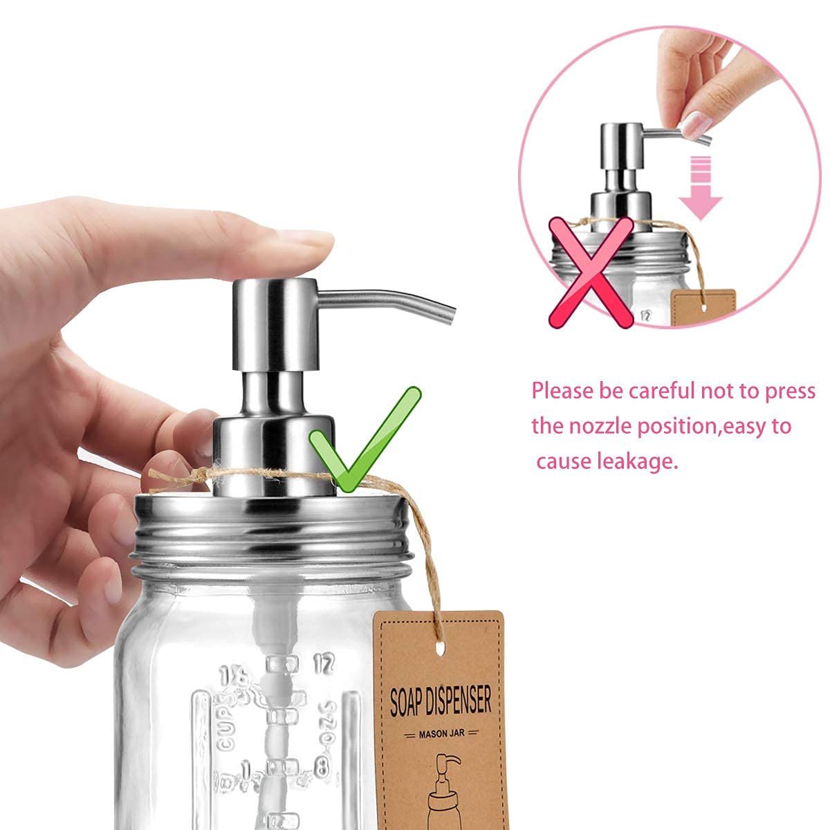Mason Jar Soap Dispensers -Rustproof Stainless Steel Lid &Pump  Refillable Wash Hand Soap for Bathroom Kitchen-Ideal for Dish Soap Liquid Soap  Lotions Waterproof Stickers 16Oz/ Brushed nickel(2 Pack)
