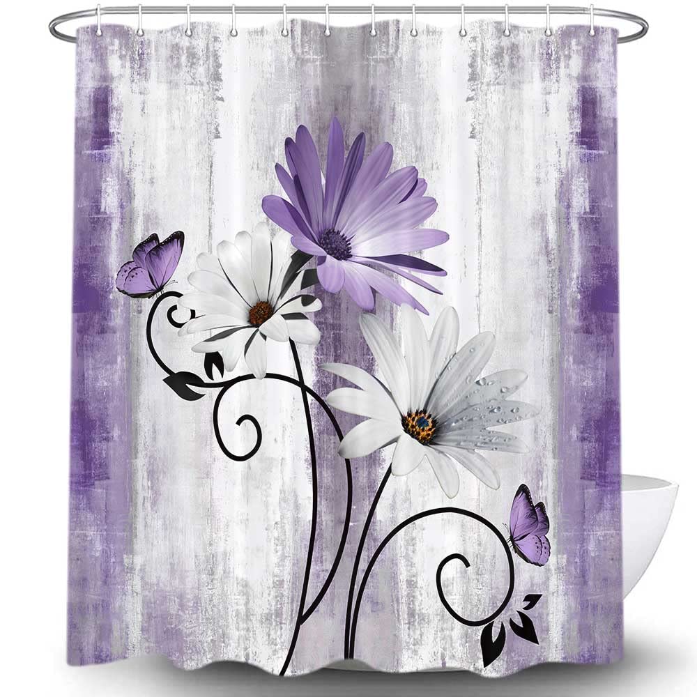 VeiVian Rustic Farmhouse Shower Curtain  Farm Purple Daisy Floral Flowers and Butterfly on Country Wooden Shower Curtain for Bathroom  Violet Grey Bathroom Shower Curtains with 12PCS Hooks  70X70IN