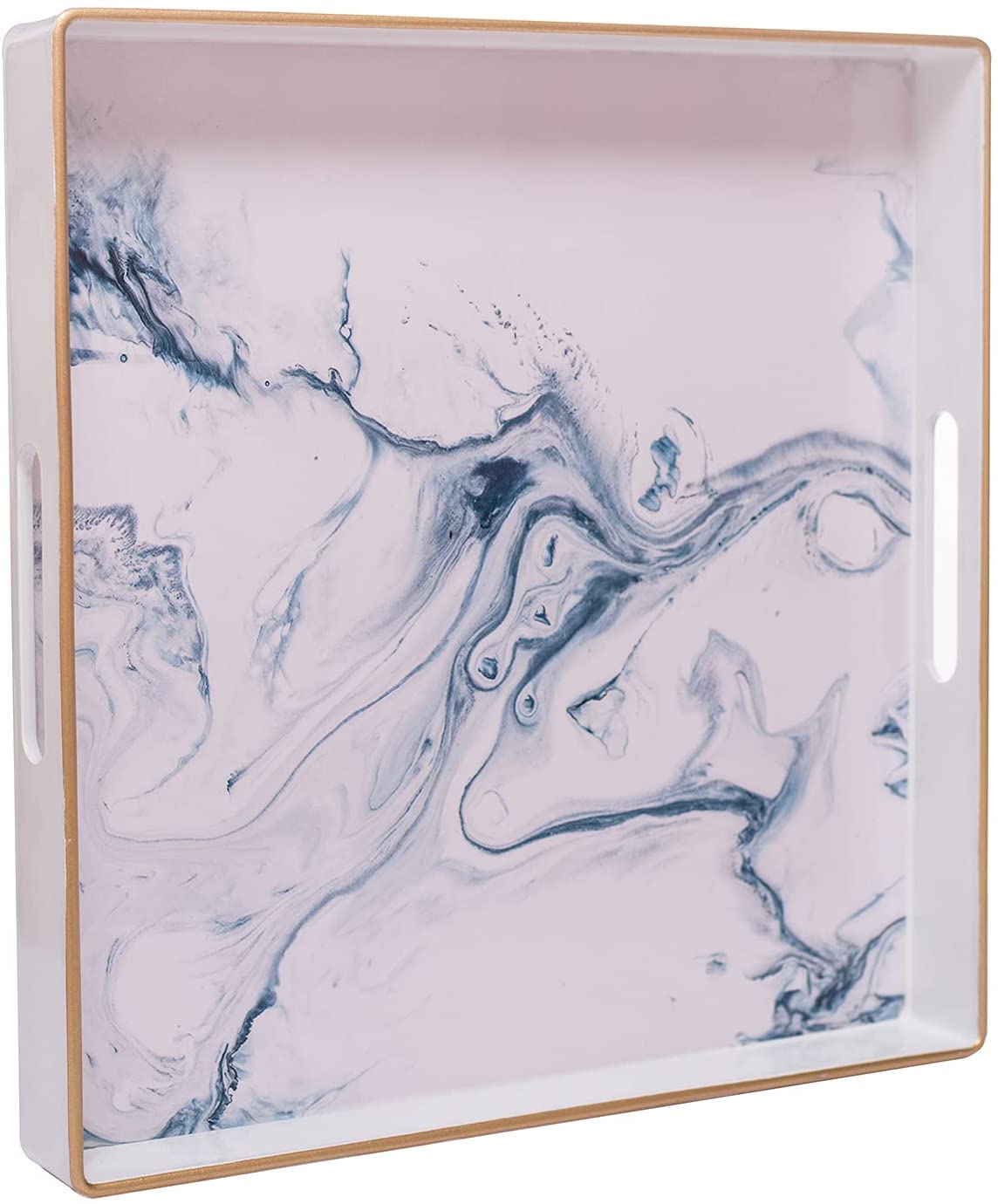Homanly Decorative Printed Marble Serving Tray With Handles, Rectangular White For Coffee Table Ottoman Kitchen Bathroom, 12 X 1