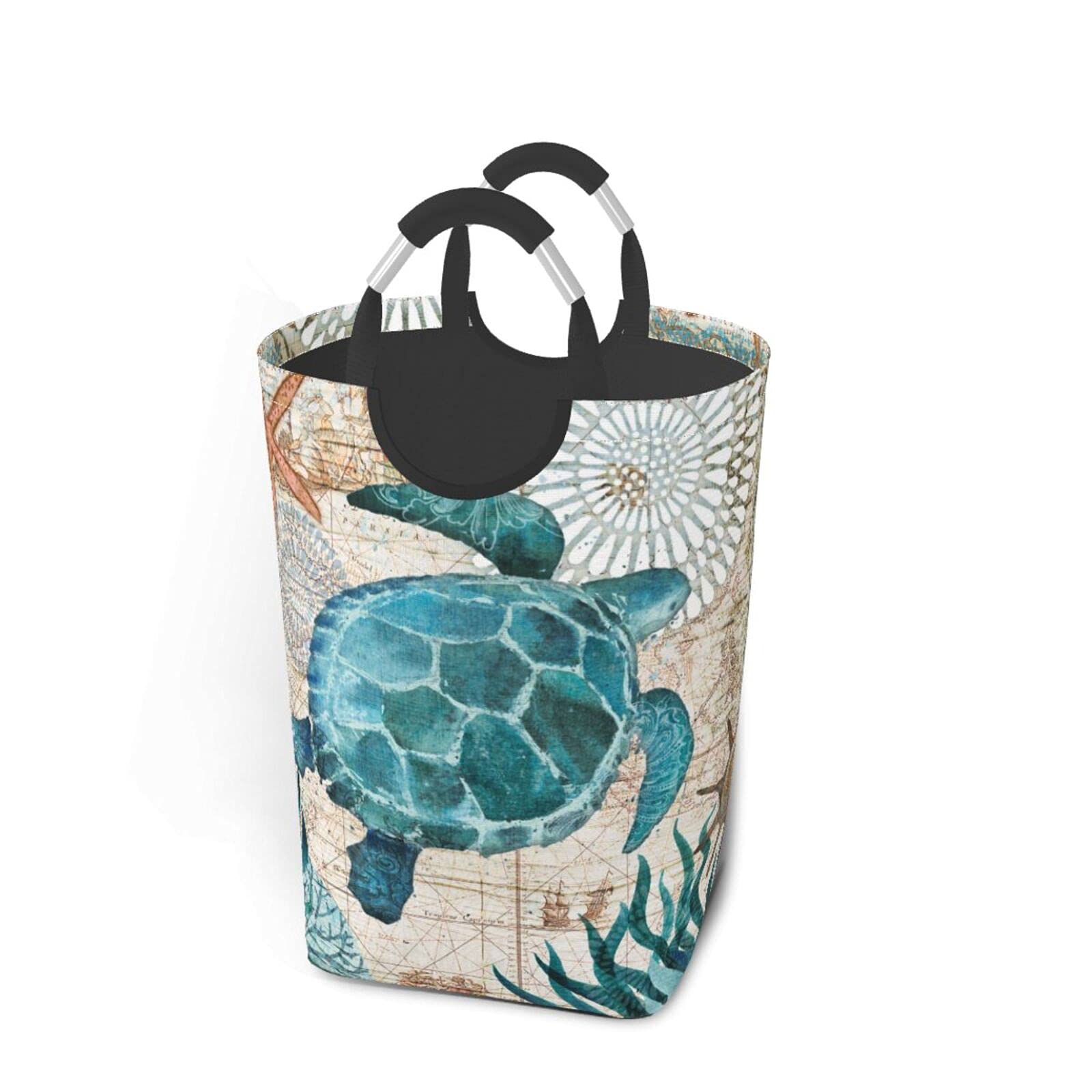Duduho Sea Turtle Laundry Basket With Handles Nautical Map Retro Ocean Laundry Hamper Toys Storage Organizer Foldable Bucket Was