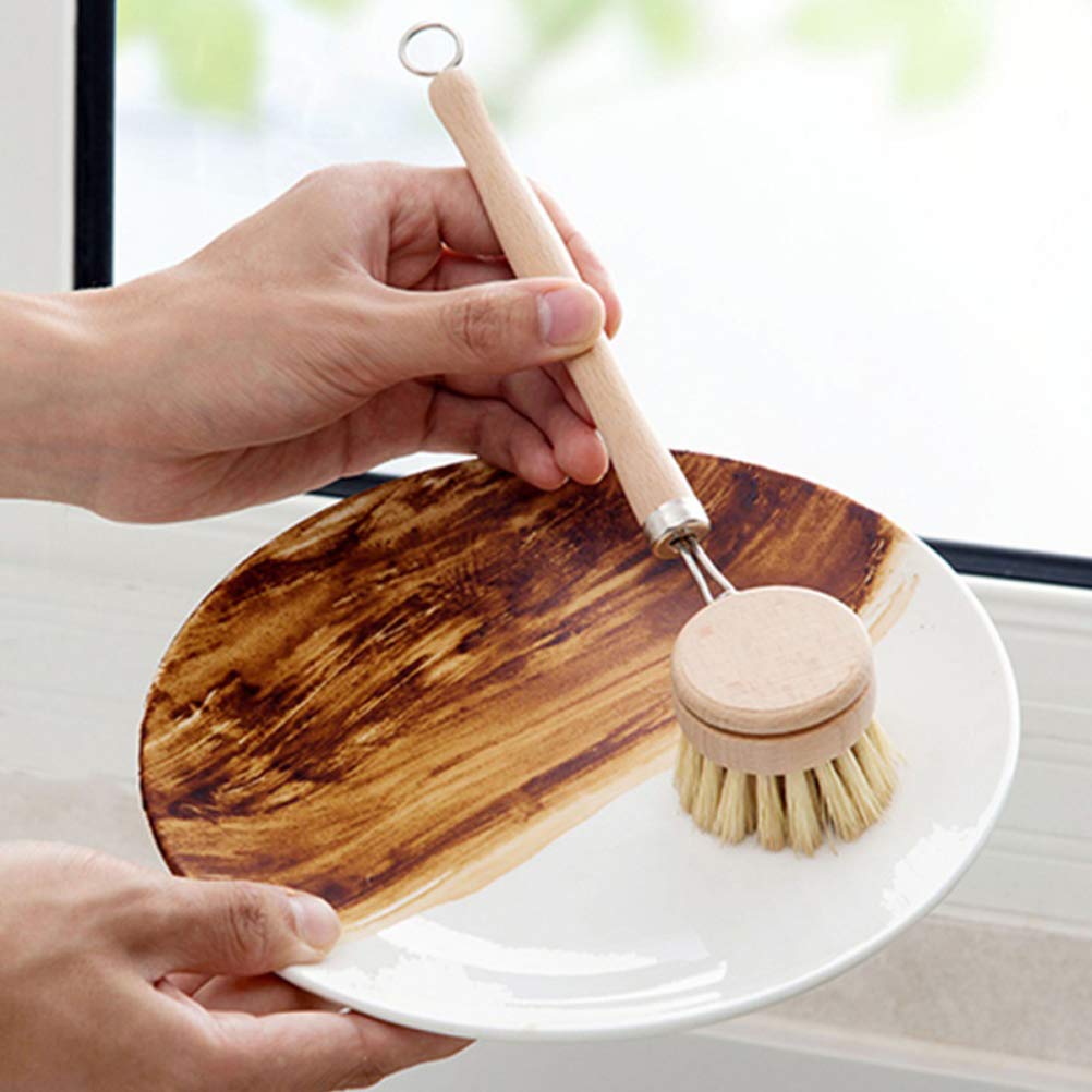 Vankcp 5 Pack Natural Bamboo Cleaning Brush Set, Pot Dish Scrub Brush With Handle And Flannel Bag Kitchen Brushes For Cast Iron