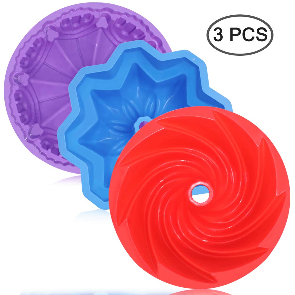 3 Pcs Silicone Cake Bread Baking Molds, Aifuda Large Swirl Cake Mold Castle Cake Mold And Double Flower Cake Mold For Birthday P